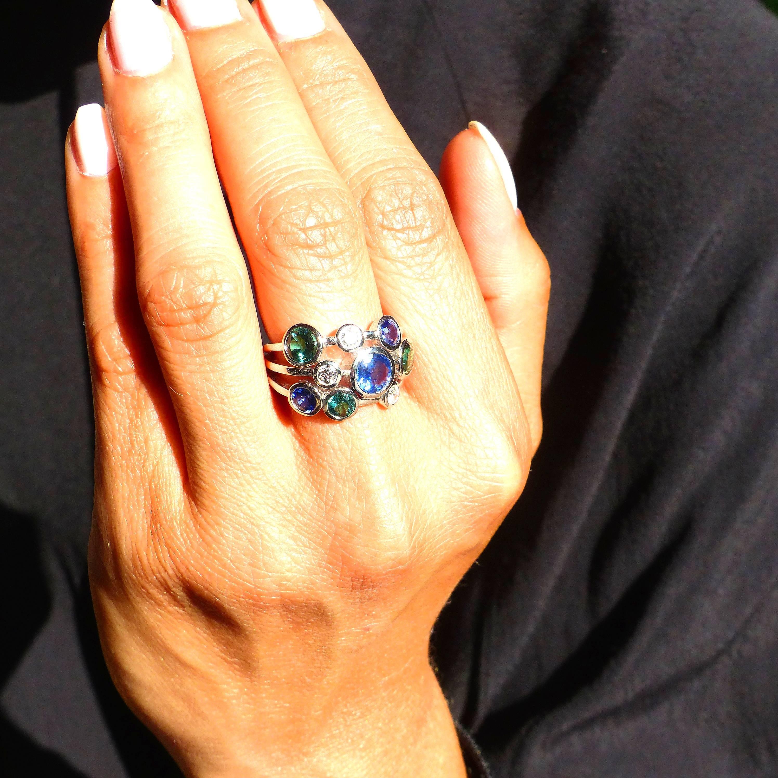 Round Cut Ring in White Gold with Sapphires and Tourmalines and Diamonds. For Sale