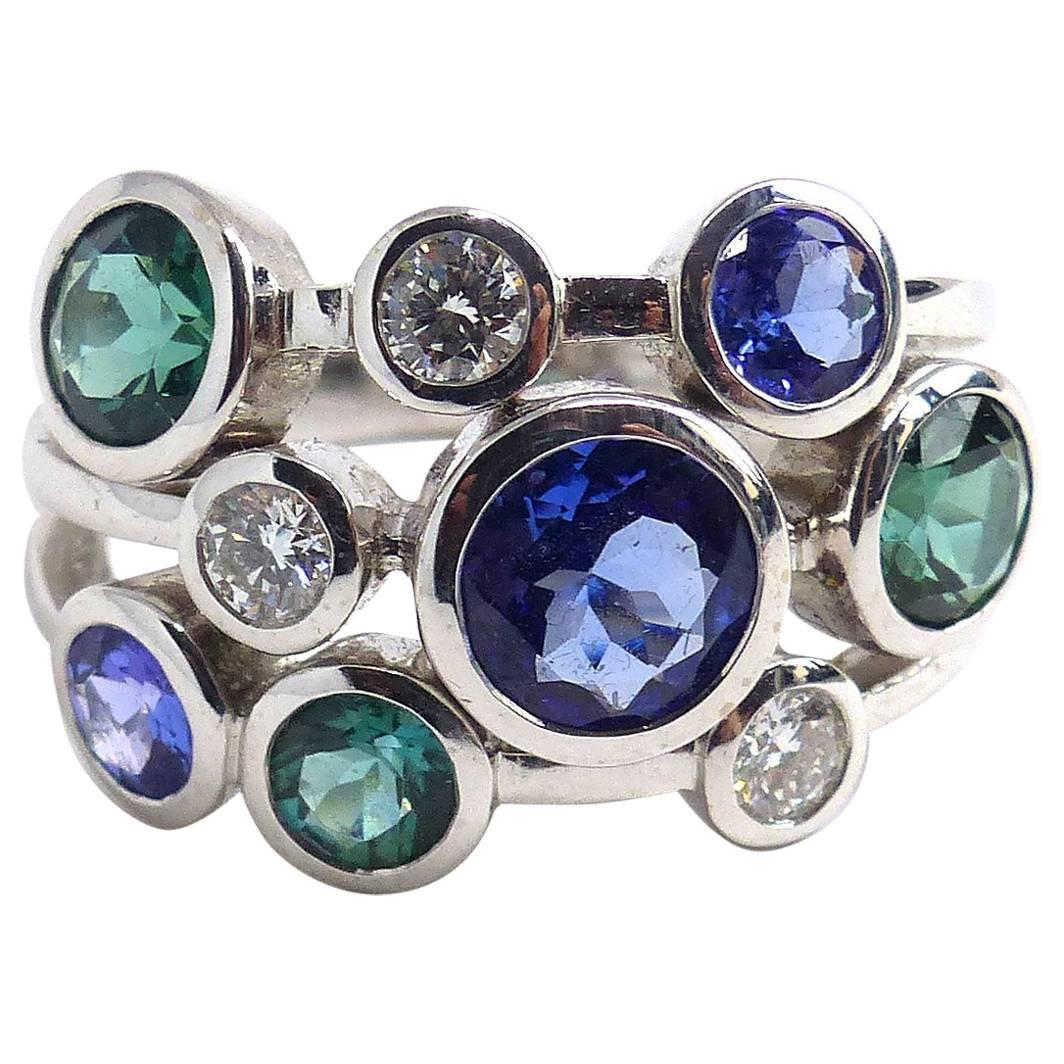 Ring in White Gold with Sapphires and Tourmalines and Diamonds. For Sale