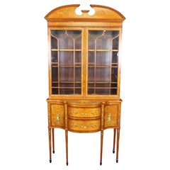 Fine Satinwood 1880s Era Adams Style English Painted Decorated Cabinet Vitrine