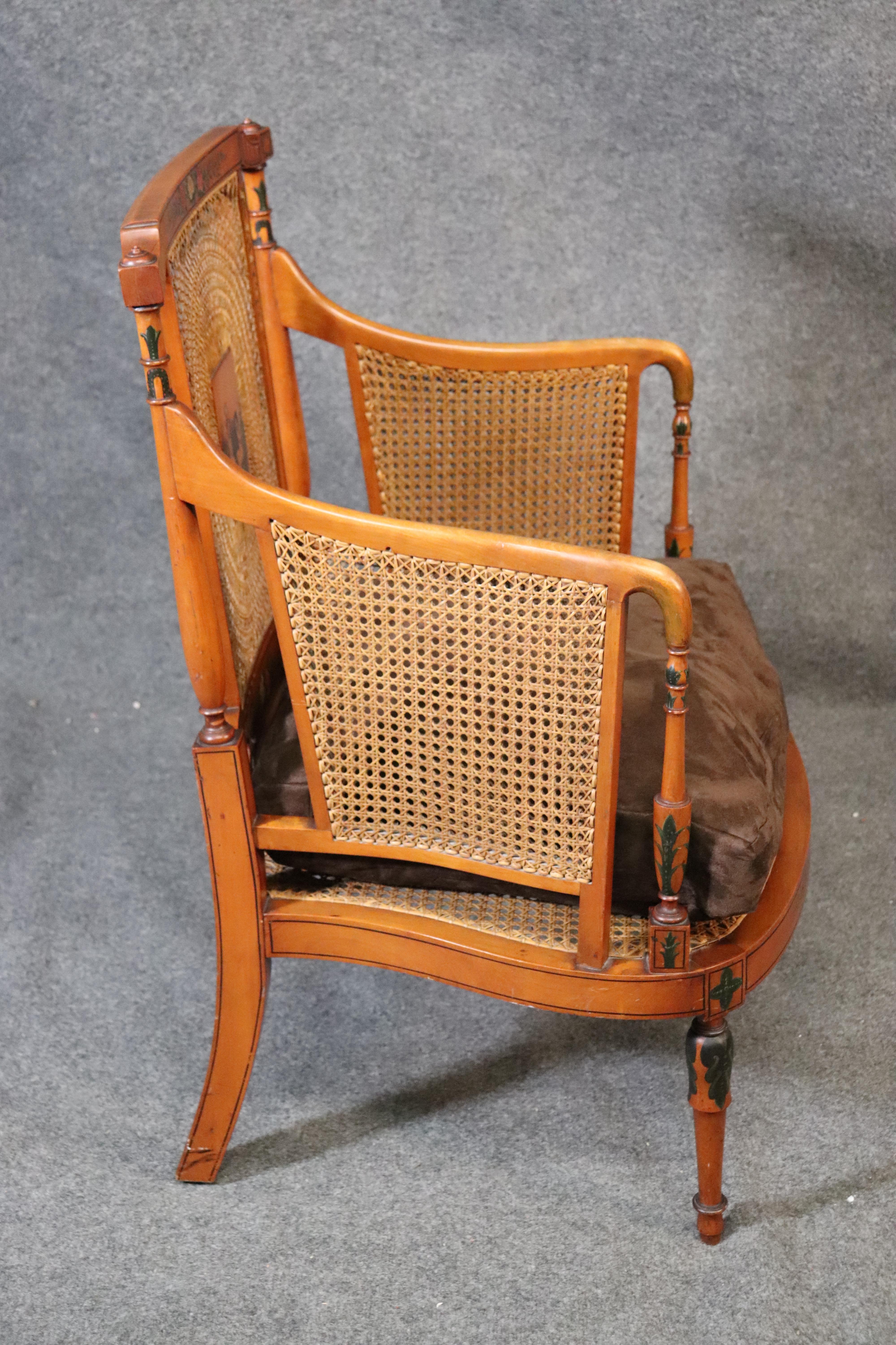 Adam Style Fine Satinwood English Paint Decorated Cane Bergere Club Chair, circa 1850