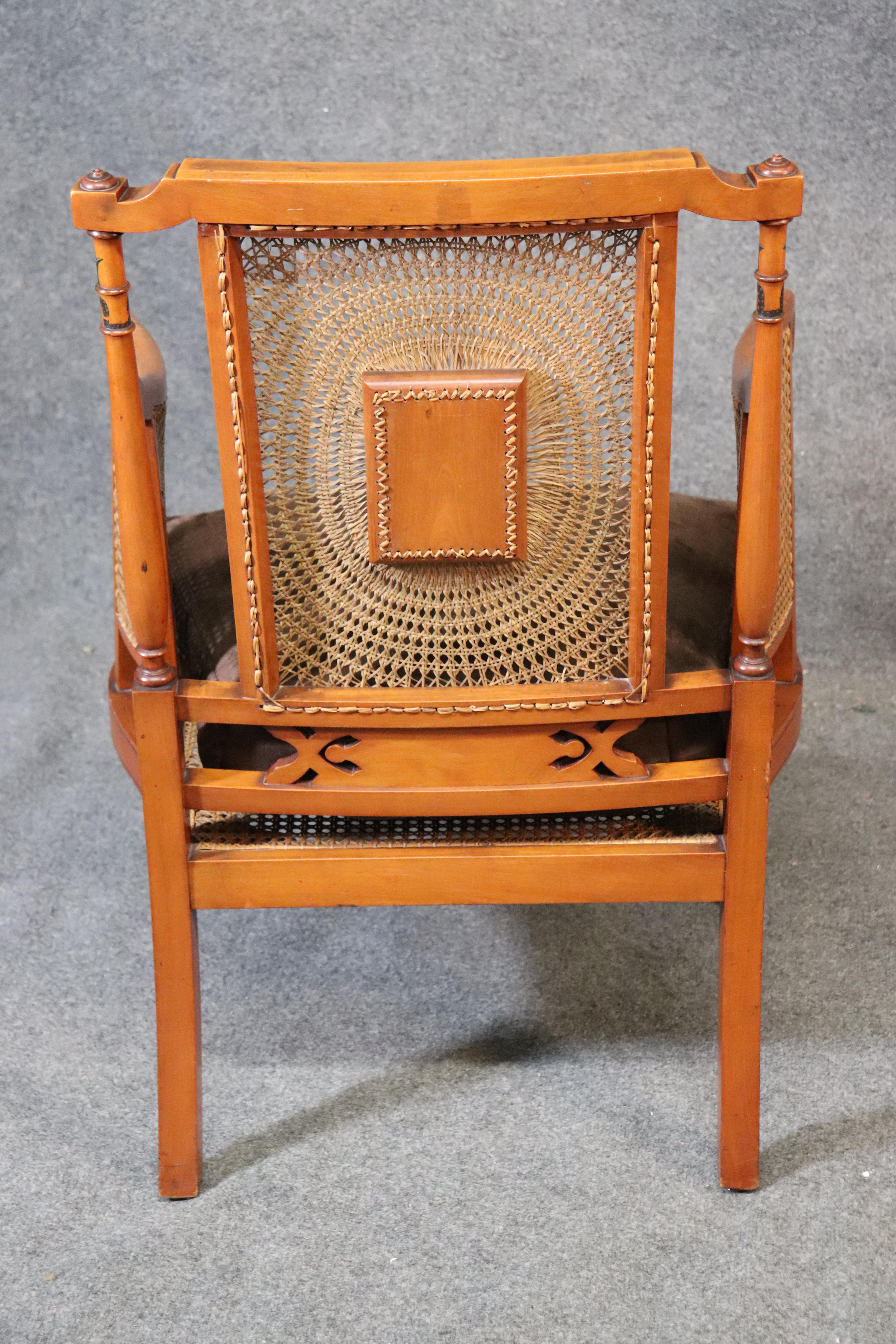 Fine Satinwood English Paint Decorated Cane Bergere Club Chair, circa 1850 In Good Condition In Swedesboro, NJ