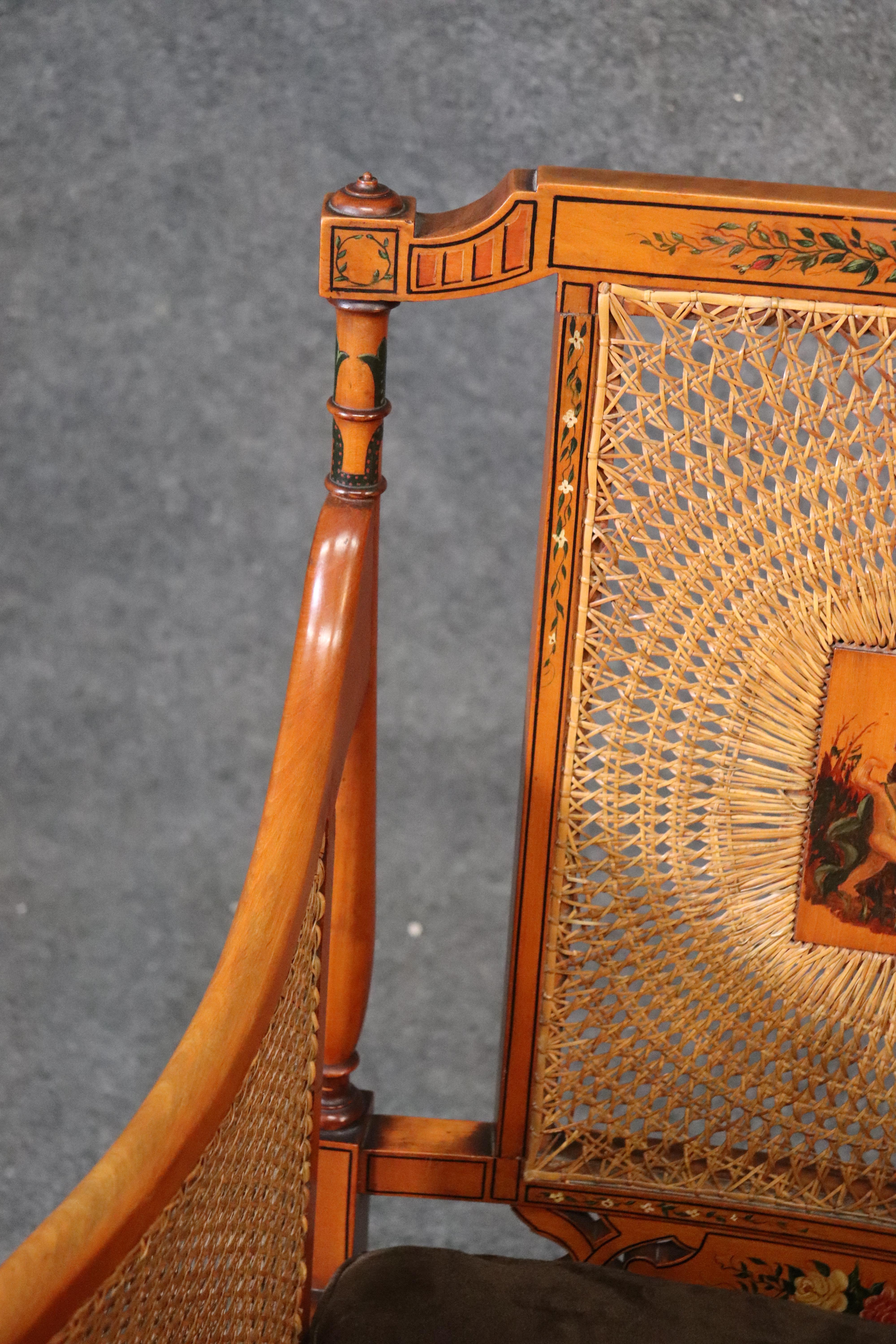 Fine Satinwood English Paint Decorated Cane Bergere Club Chair, circa 1850 2
