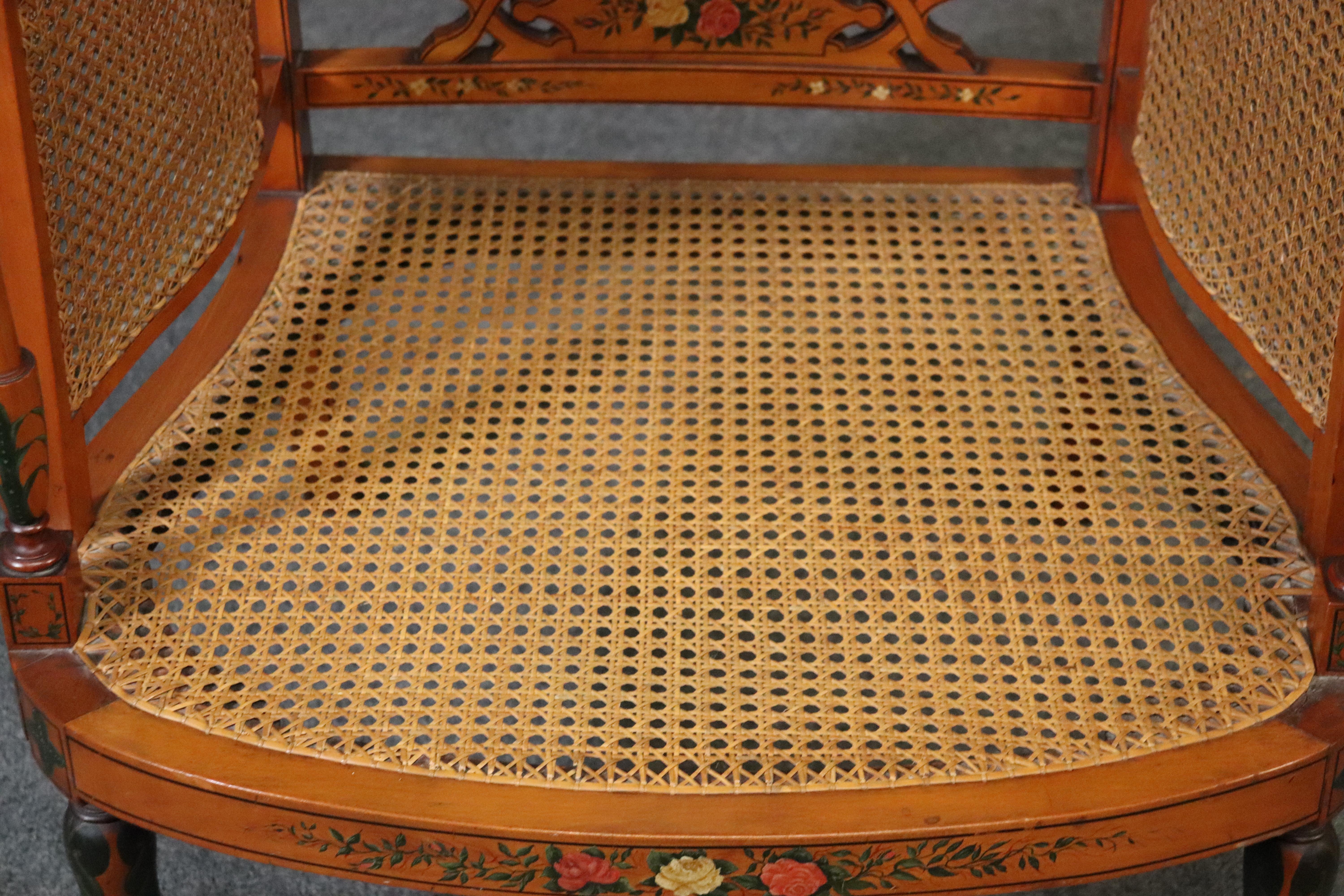 Fine Satinwood English Paint Decorated Cane Bergere Club Chair, circa 1850 3