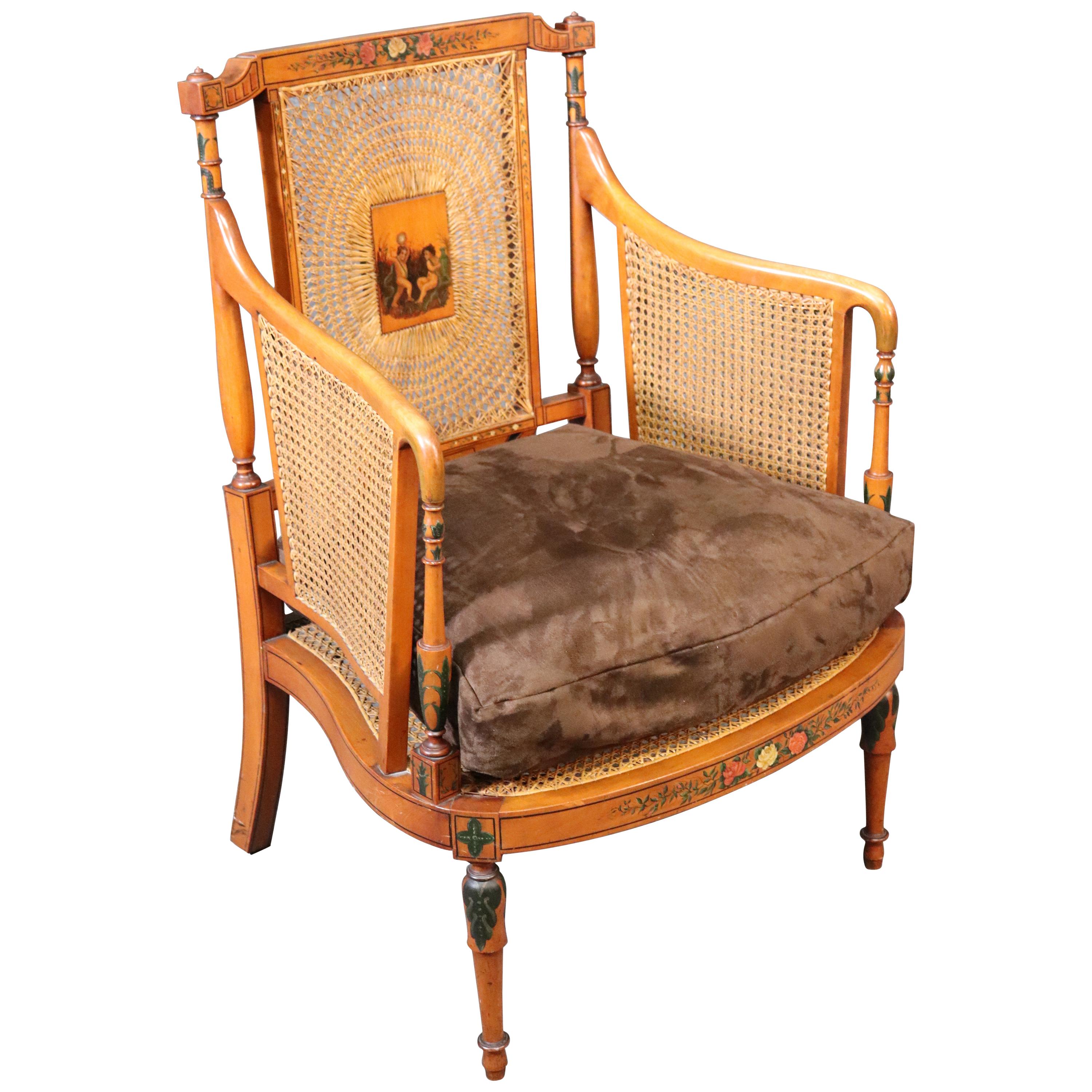 Fine Satinwood English Paint Decorated Cane Bergere Club Chair, circa 1850