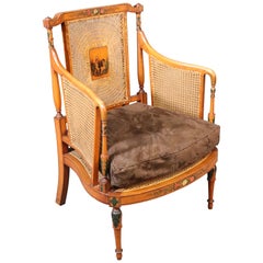 Fine Satinwood English Paint Decorated Cane Bergere Club Chair, circa 1850