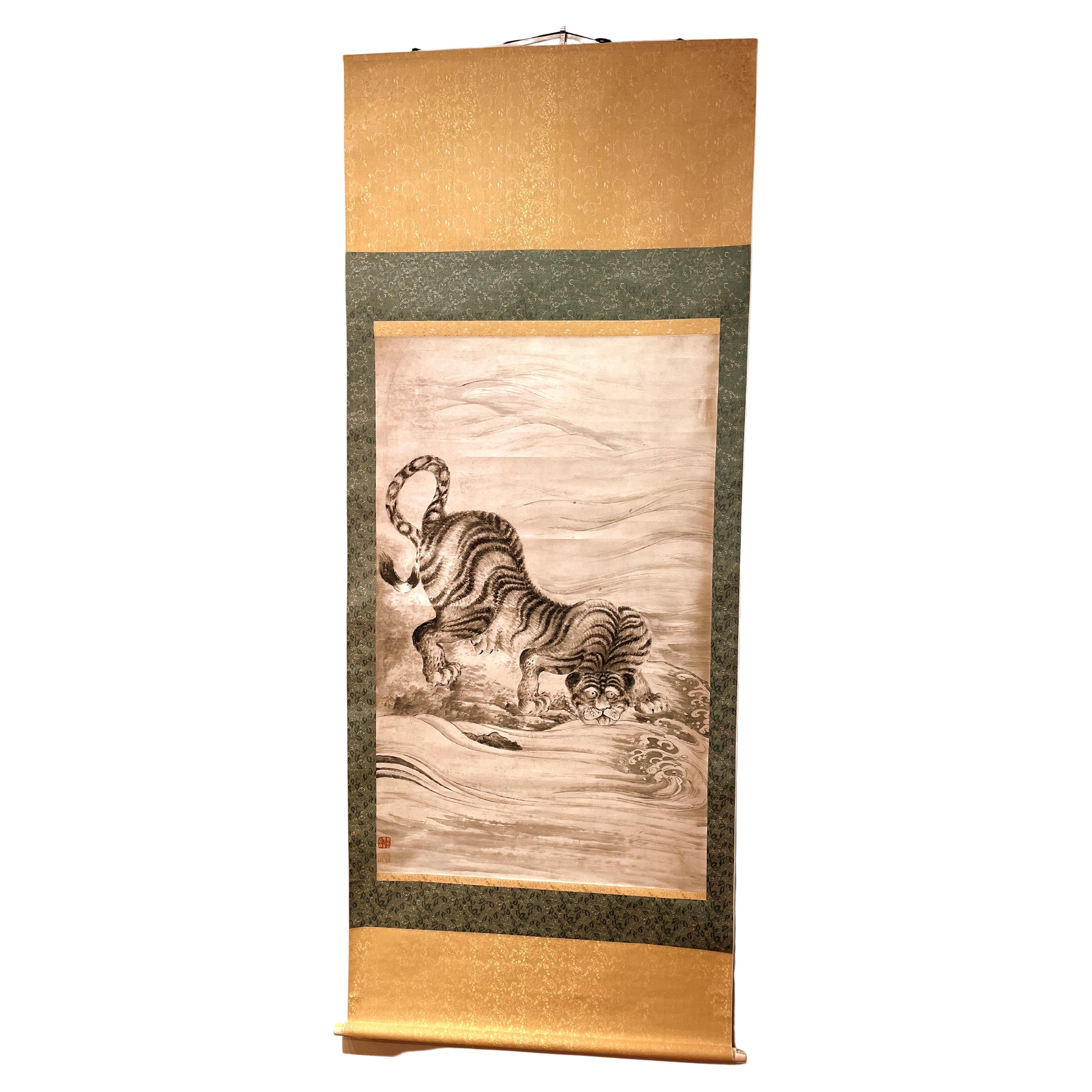 Fine Scroll Painting of Japanese Tiger Drinking on the Riverbank For Sale