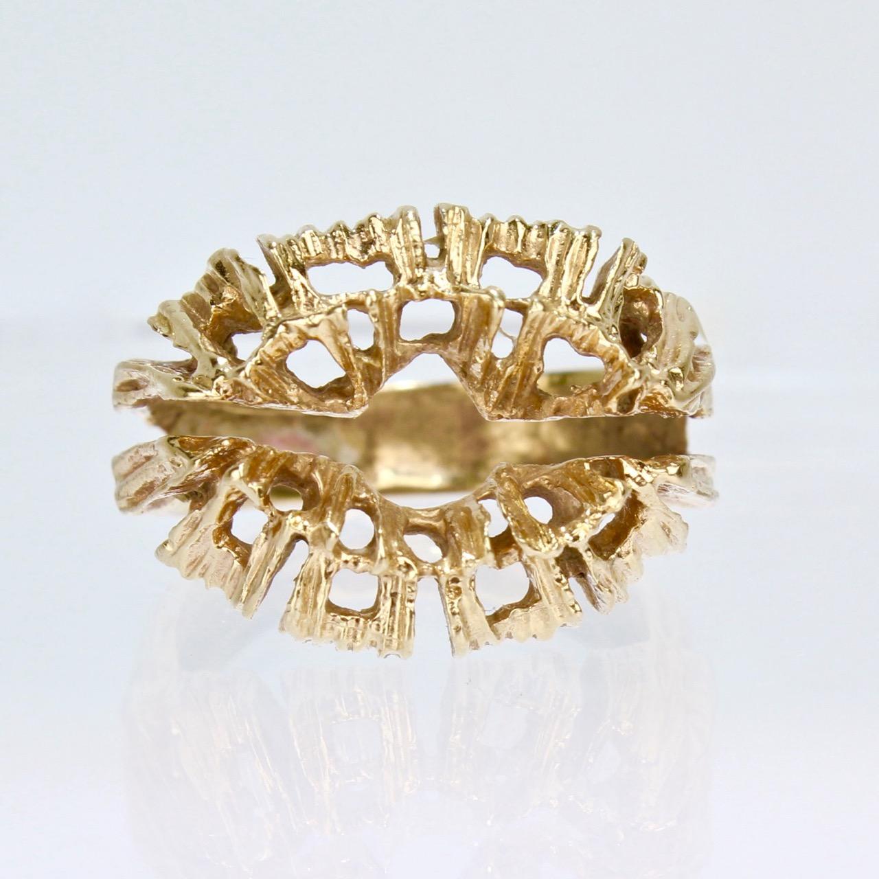 Women's or Men's Fine Sculptural Brutalist 14 Karat Gold Ring with an Openwork Matrix