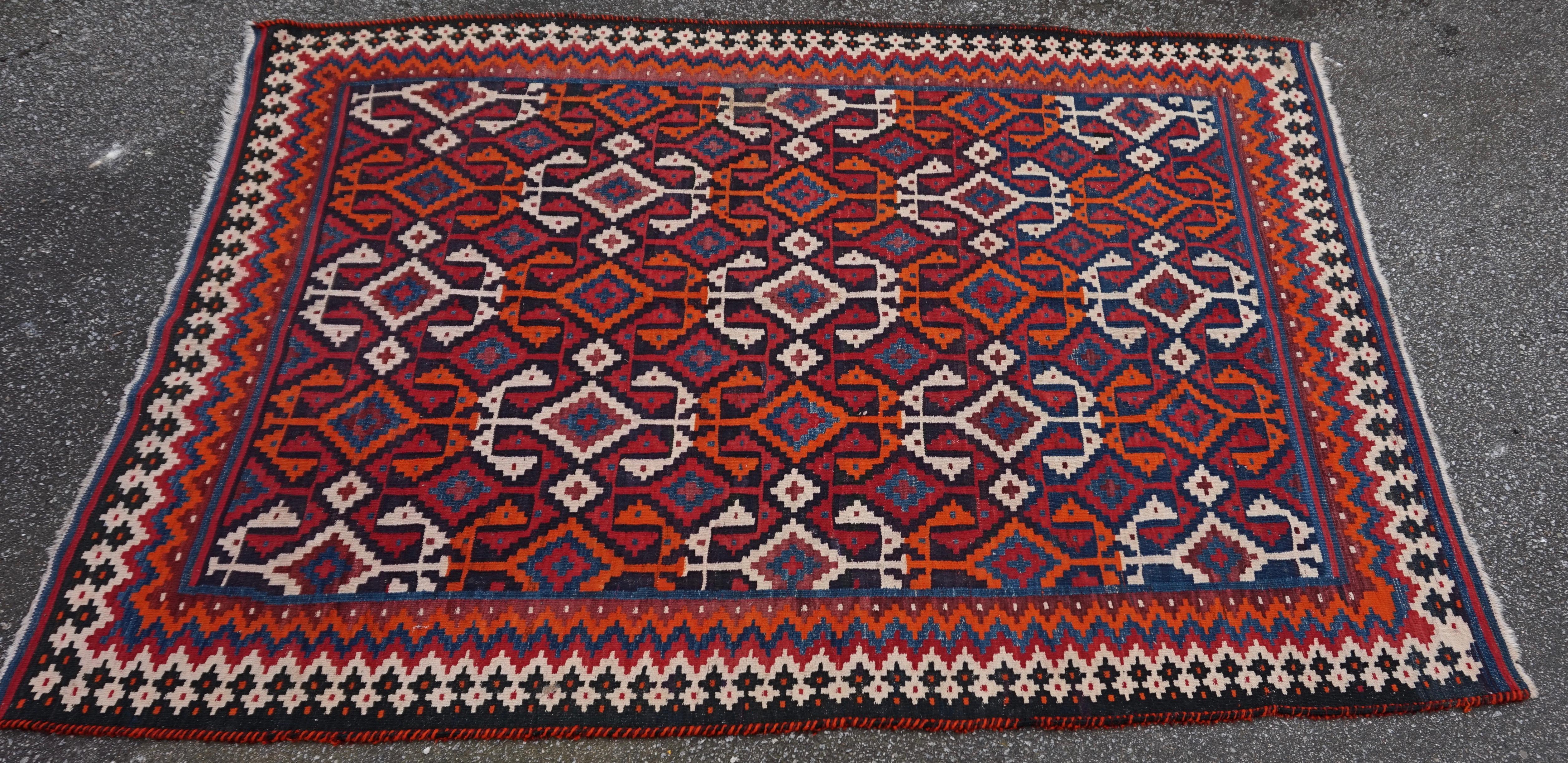 Hand-Knotted Fine Semi-Antique Anatolian Flat-weave Geometric Tribal Wool Kilim For Sale
