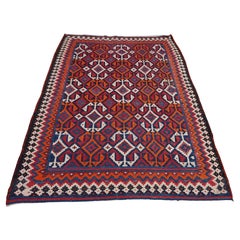 Fine tapis Kilim anatolien semi-ancien en laine tribale géométrique à tissage plat