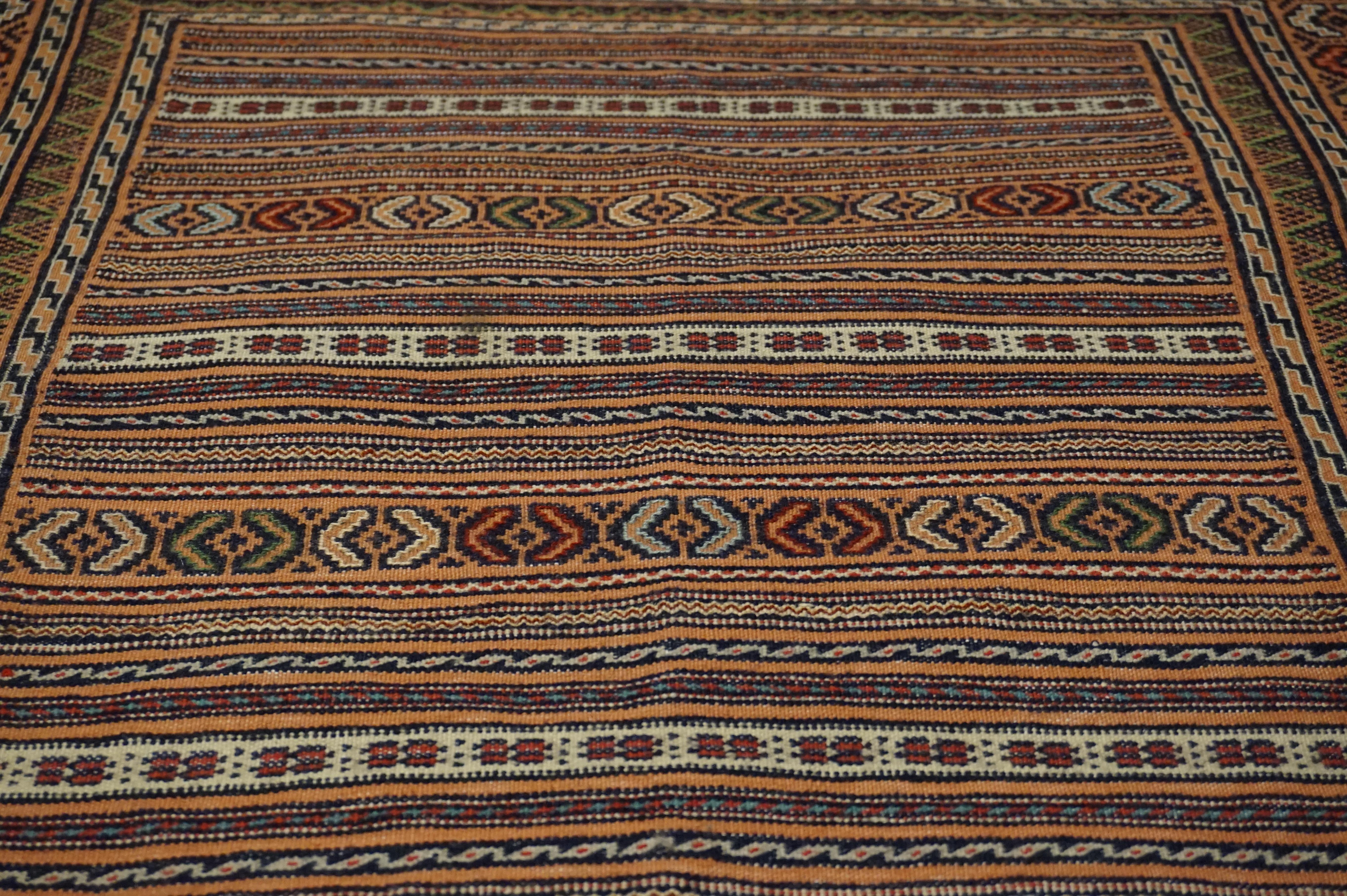 Fine Semi Antique Hand Knotted Striped Tribal Kilim In Muted Hues For Sale 4