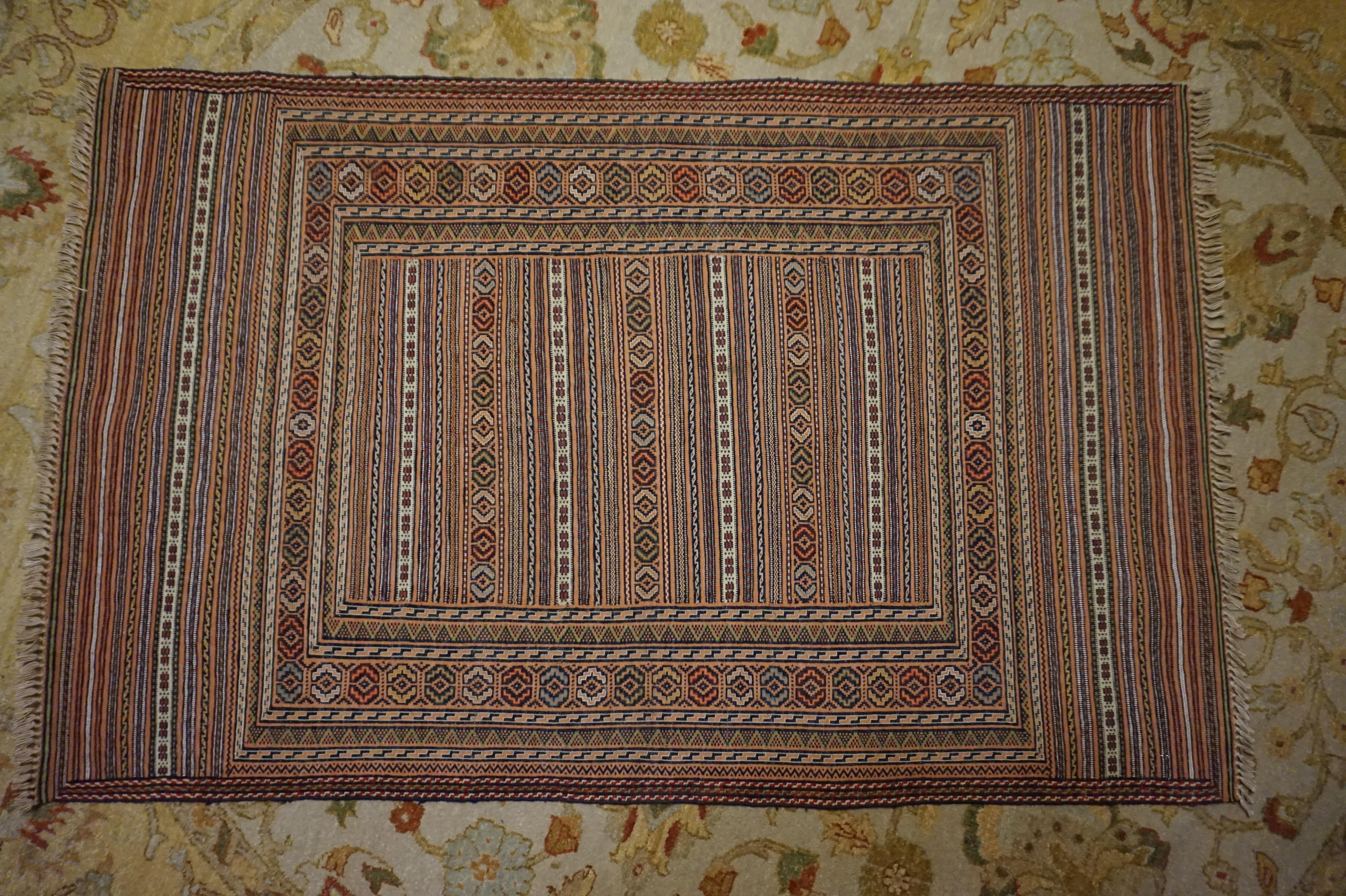 Afghan Fine Semi Antique Hand Knotted Striped Tribal Kilim In Muted Hues For Sale