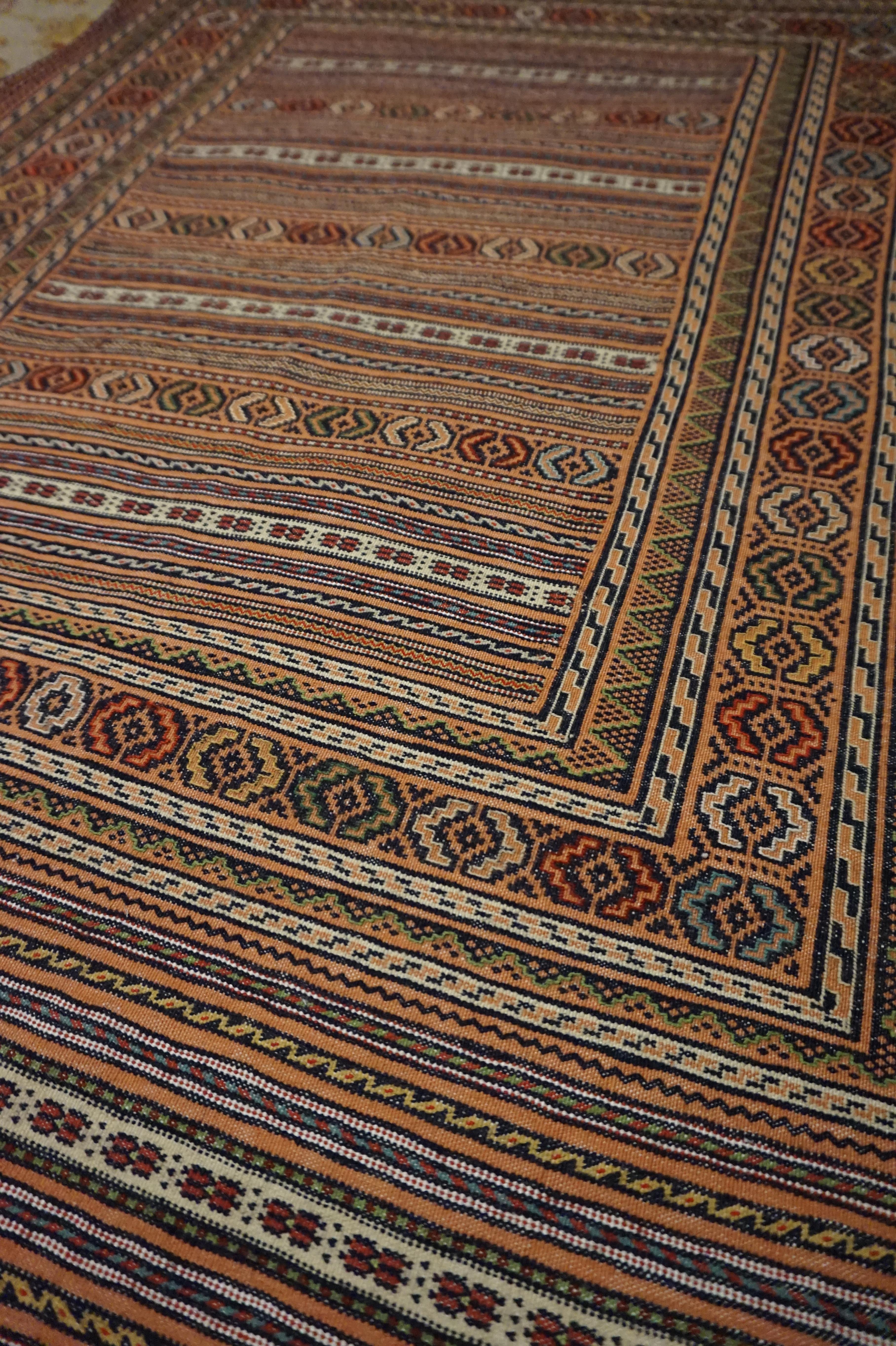 Mid-20th Century Fine Semi Antique Hand Knotted Striped Tribal Kilim In Muted Hues For Sale