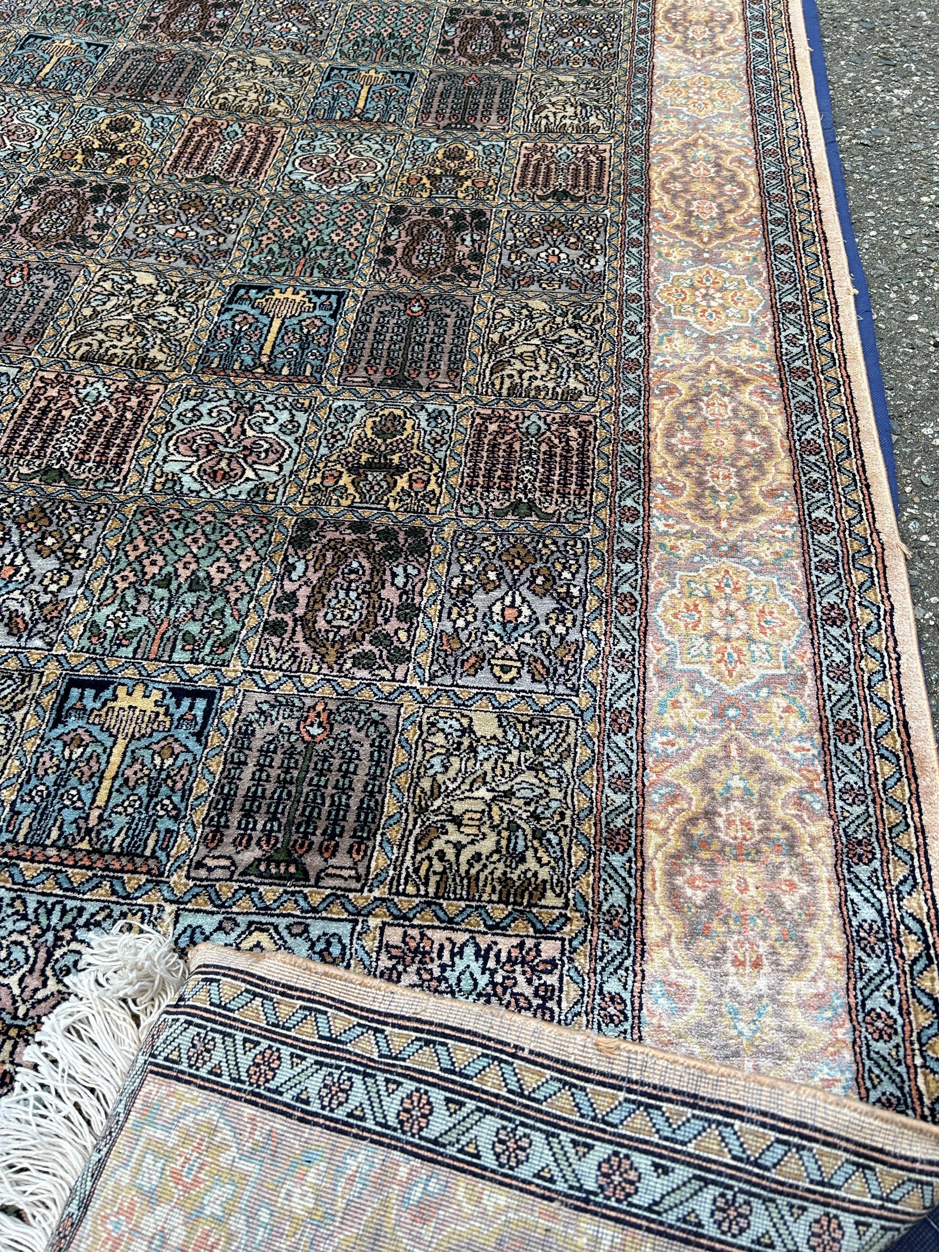 Fine Semi-Antique Kashmir Silk Hand Knotted Rug With Gardens Of Paradise Motif In Good Condition In Vancouver, British Columbia