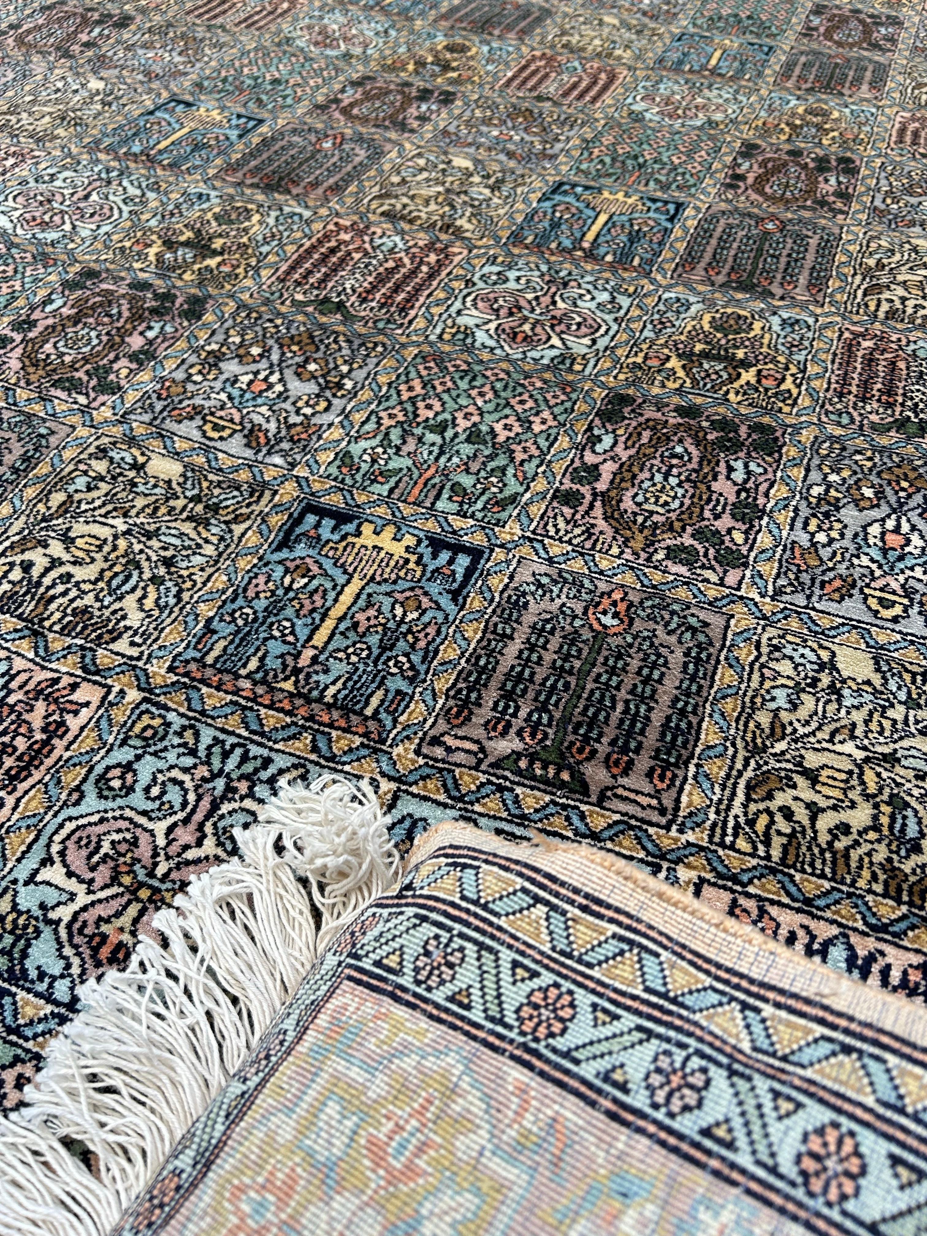 Mid-20th Century Fine Semi-Antique Kashmir Silk Hand Knotted Rug With Gardens Of Paradise Motif