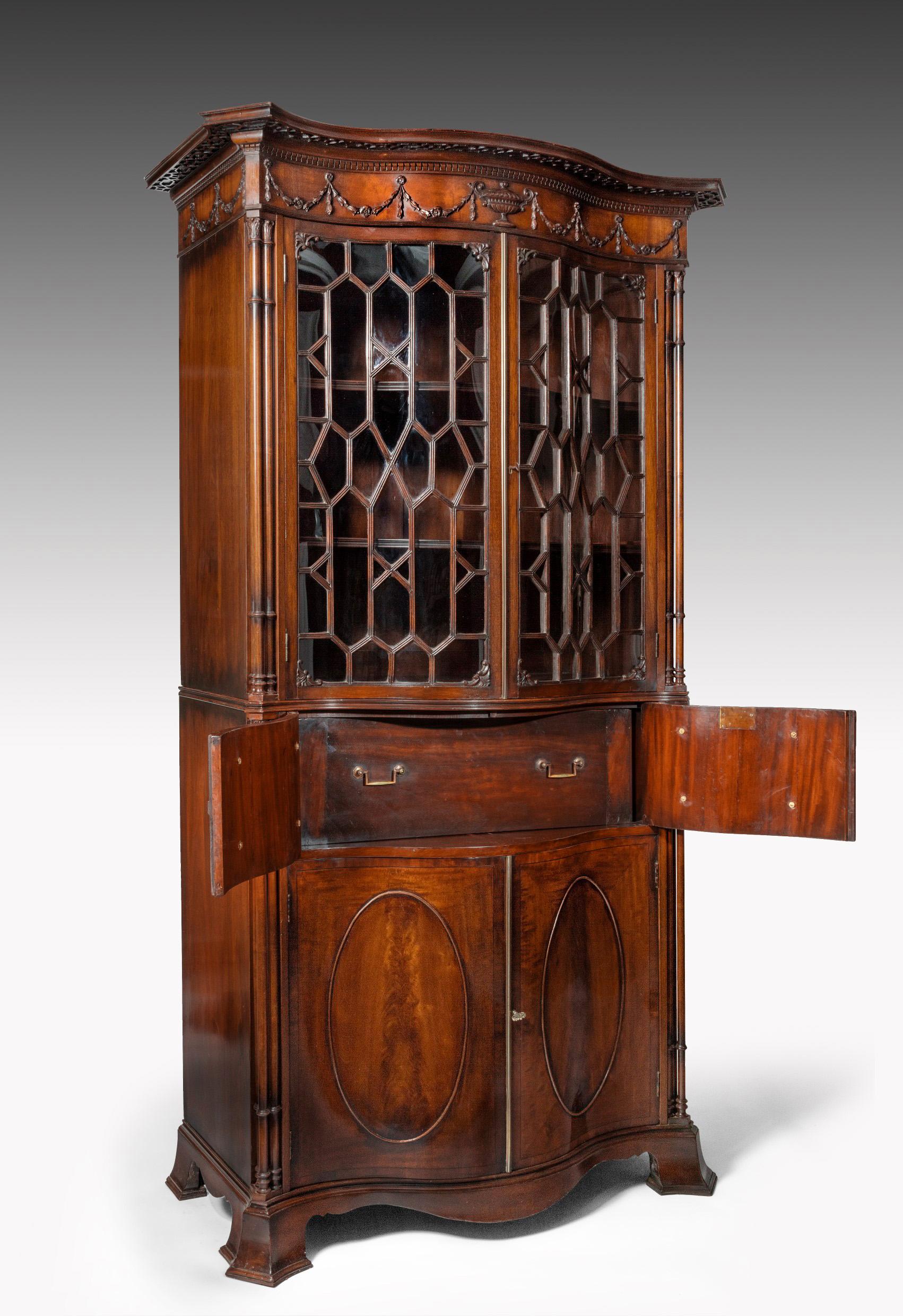 English Fine Serpentine Mahogany Secretaire Bookcase in the Manner of Thomas Chippendale