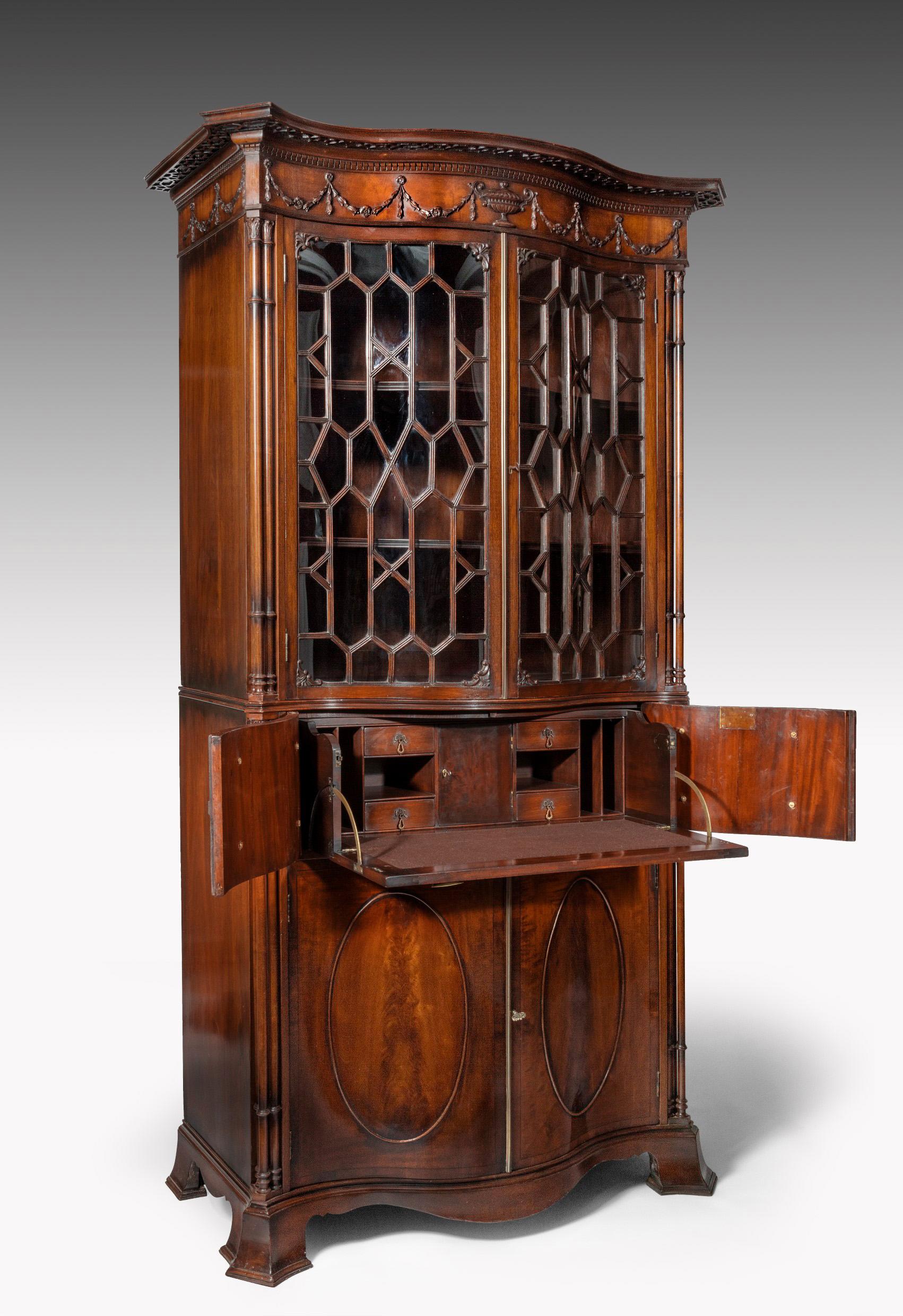 Hand-Carved Fine Serpentine Mahogany Secretaire Bookcase in the Manner of Thomas Chippendale