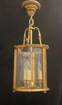 Fine Set 3 Gilt Bronze Petite Louis XVI Curved Glass Lantern Pendent Fixtures