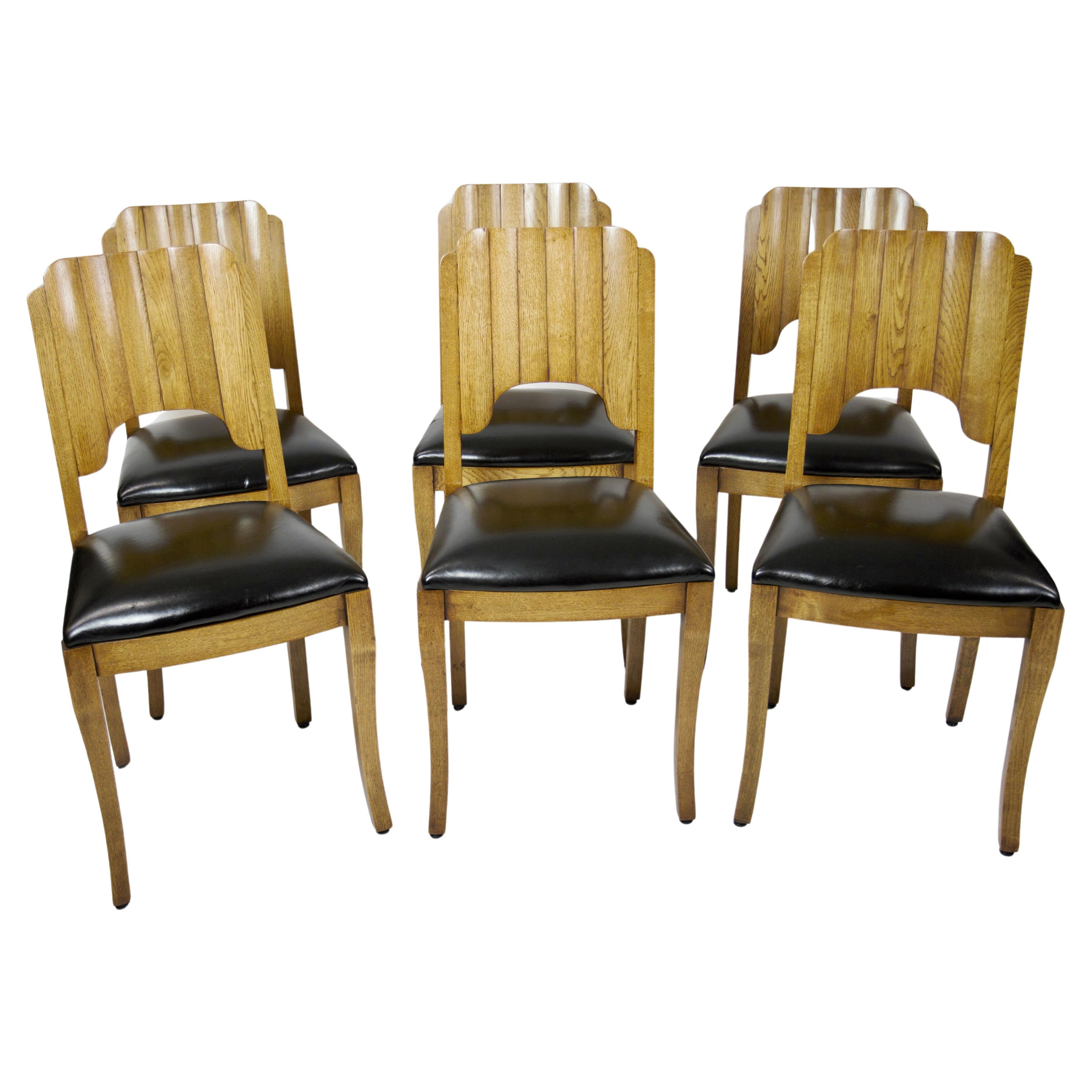 Fine Set 6 Art Deco Oak Dining Chairs circa 1930s For Sale