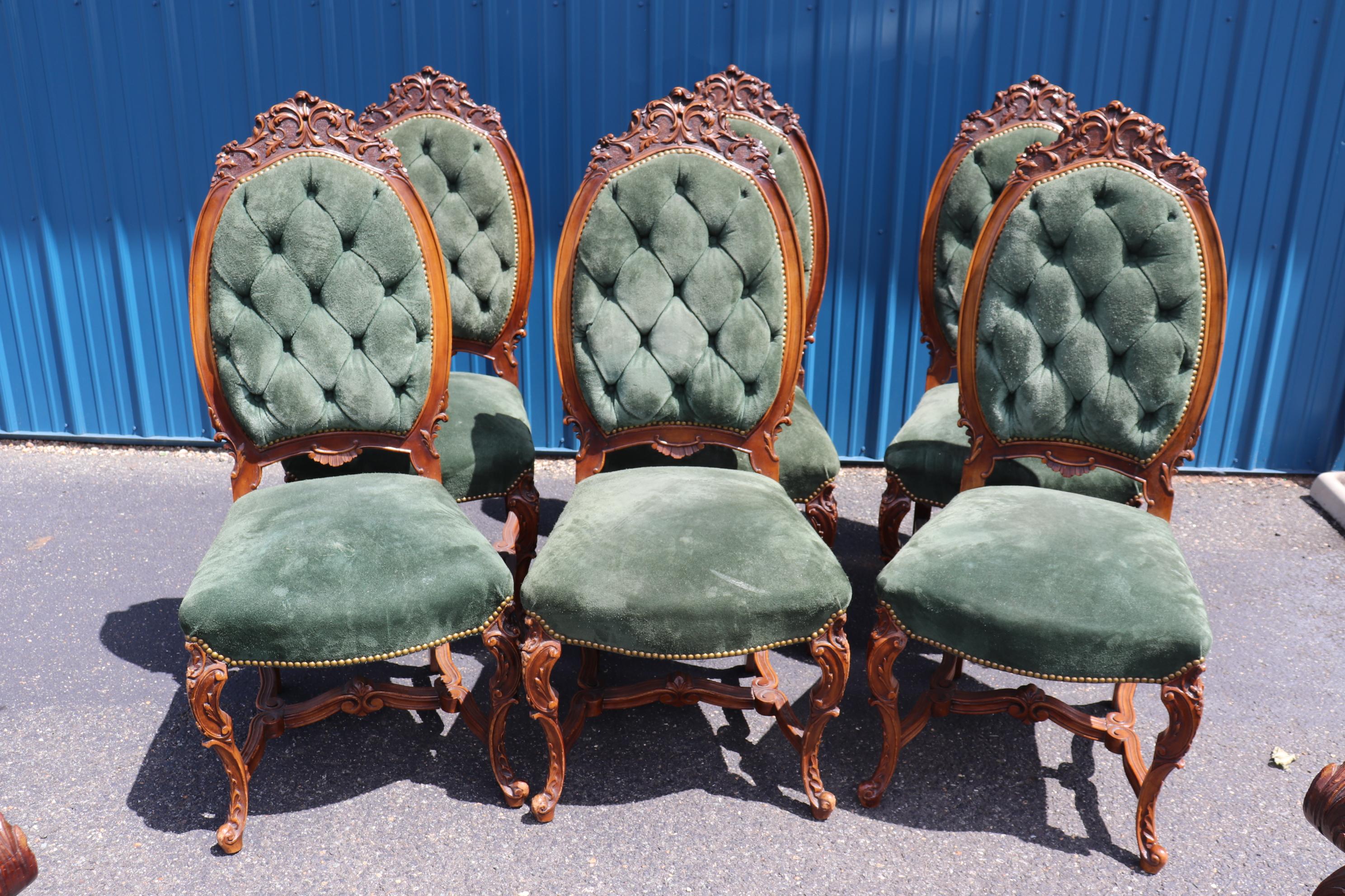 Fine Set 8 Carved Walnut Throne Style Victorian Dining Chairs with Genuine Suede 3