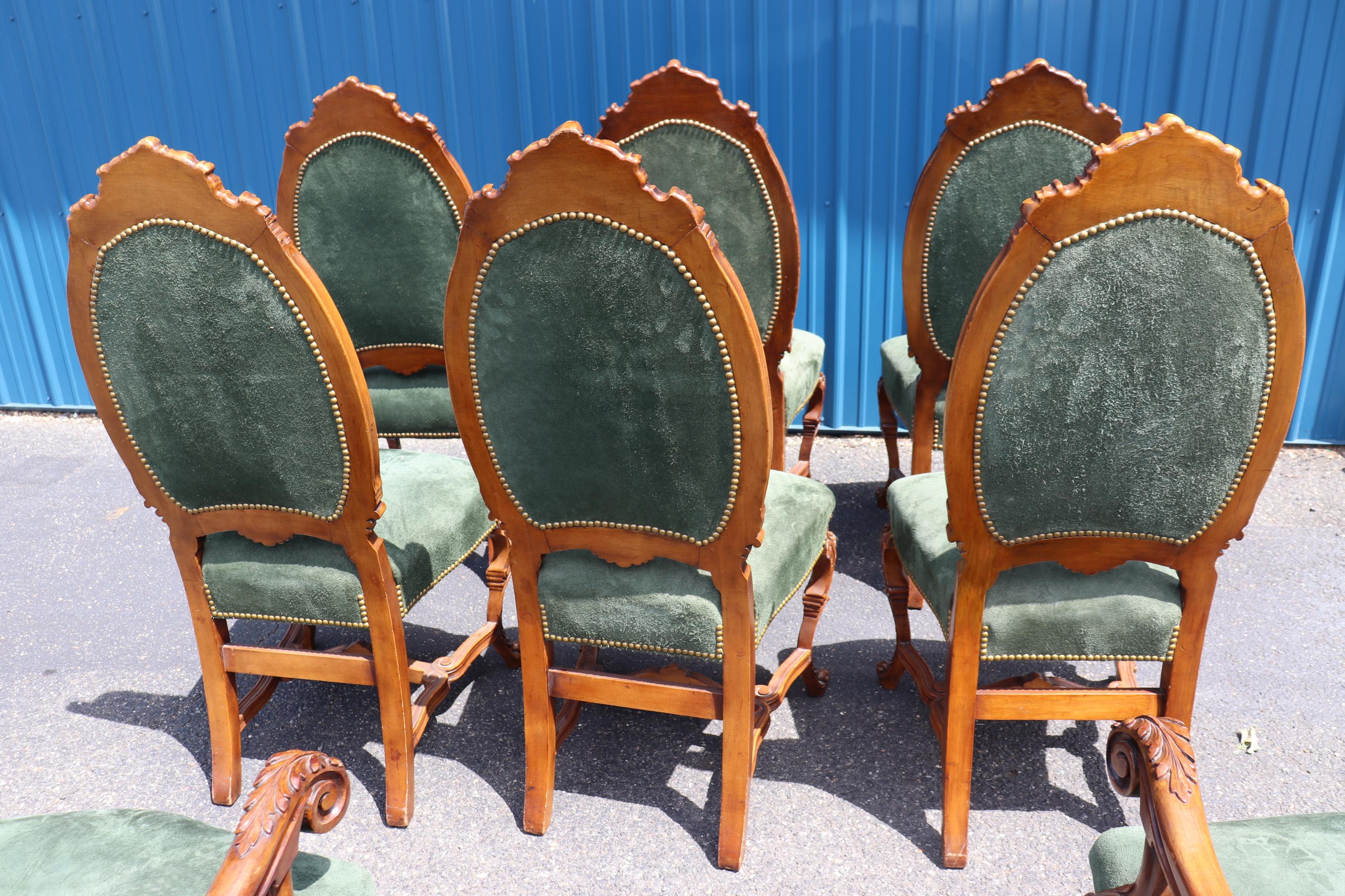 Fine Set 8 Carved Walnut Throne Style Victorian Dining Chairs with Genuine Suede 4