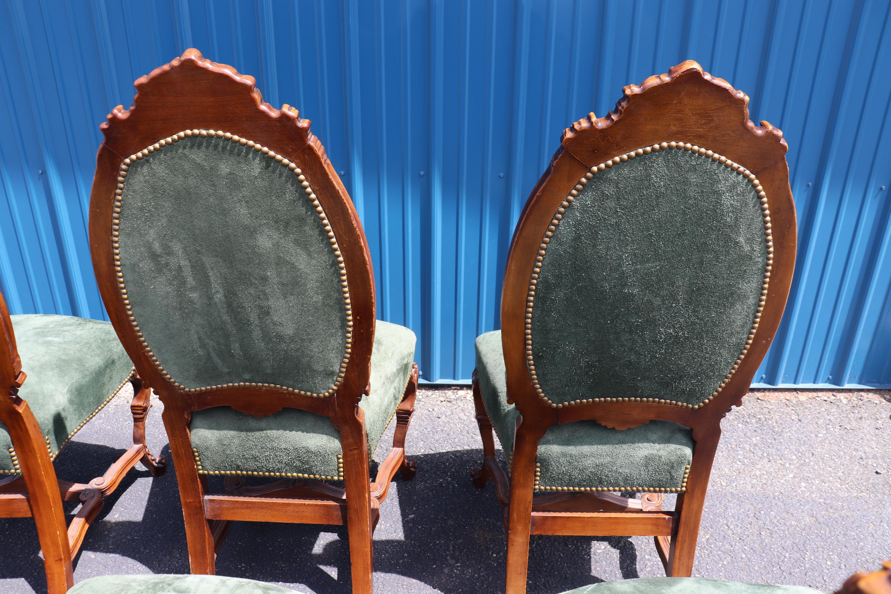 Fine Set 8 Carved Walnut Throne Style Victorian Dining Chairs with Genuine Suede 5