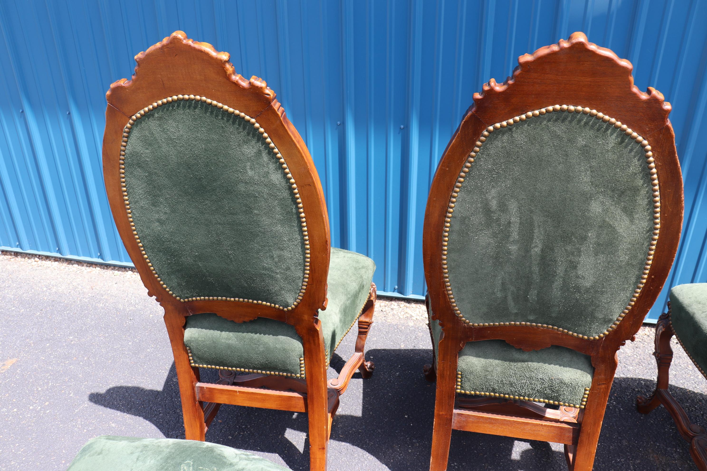 Fine Set 8 Carved Walnut Throne Style Victorian Dining Chairs with Genuine Suede 6