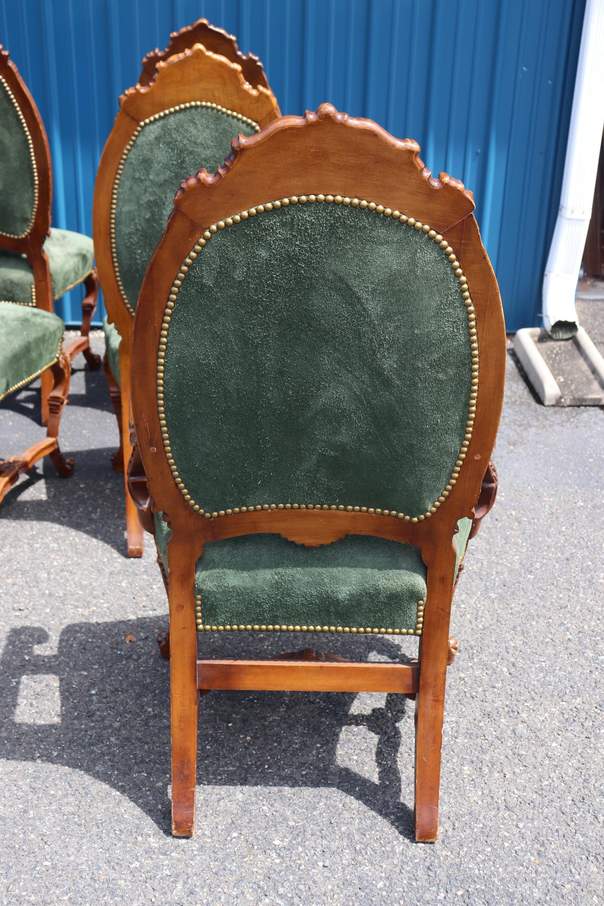 Fine Set 8 Carved Walnut Throne Style Victorian Dining Chairs with Genuine Suede 9