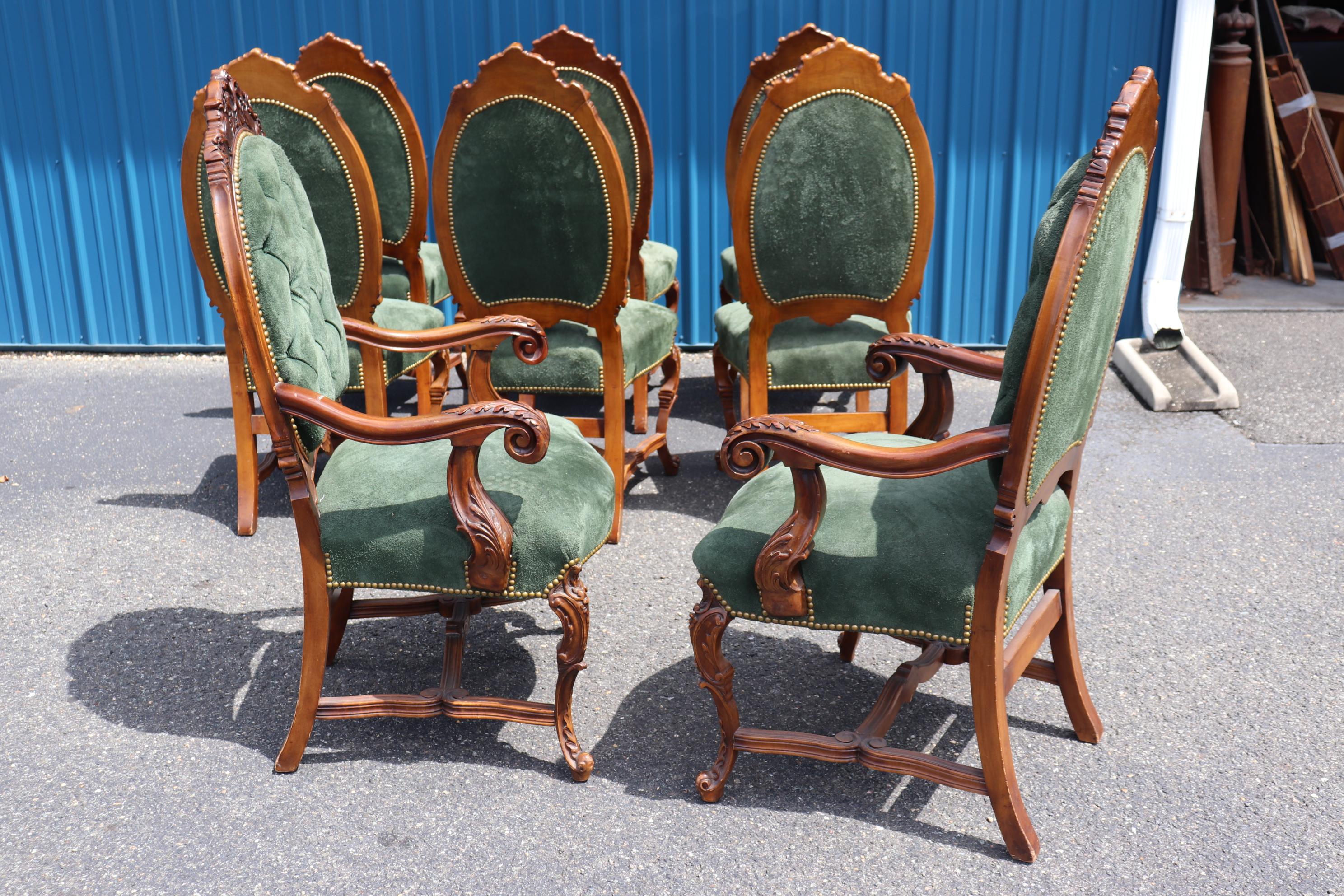 Fine Set 8 Carved Walnut Throne Style Victorian Dining Chairs with Genuine Suede 11