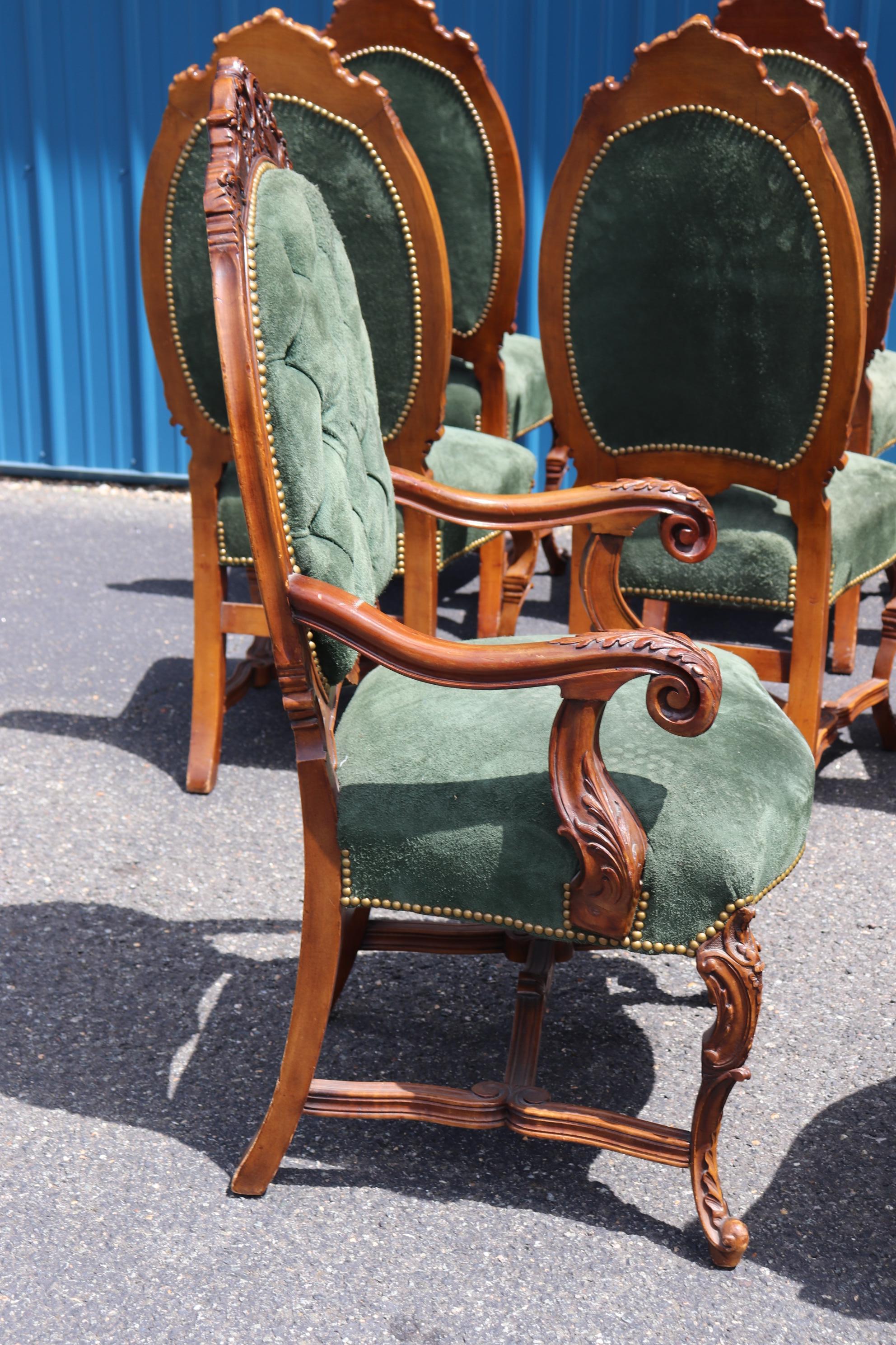 Fine Set 8 Carved Walnut Throne Style Victorian Dining Chairs with Genuine Suede 12