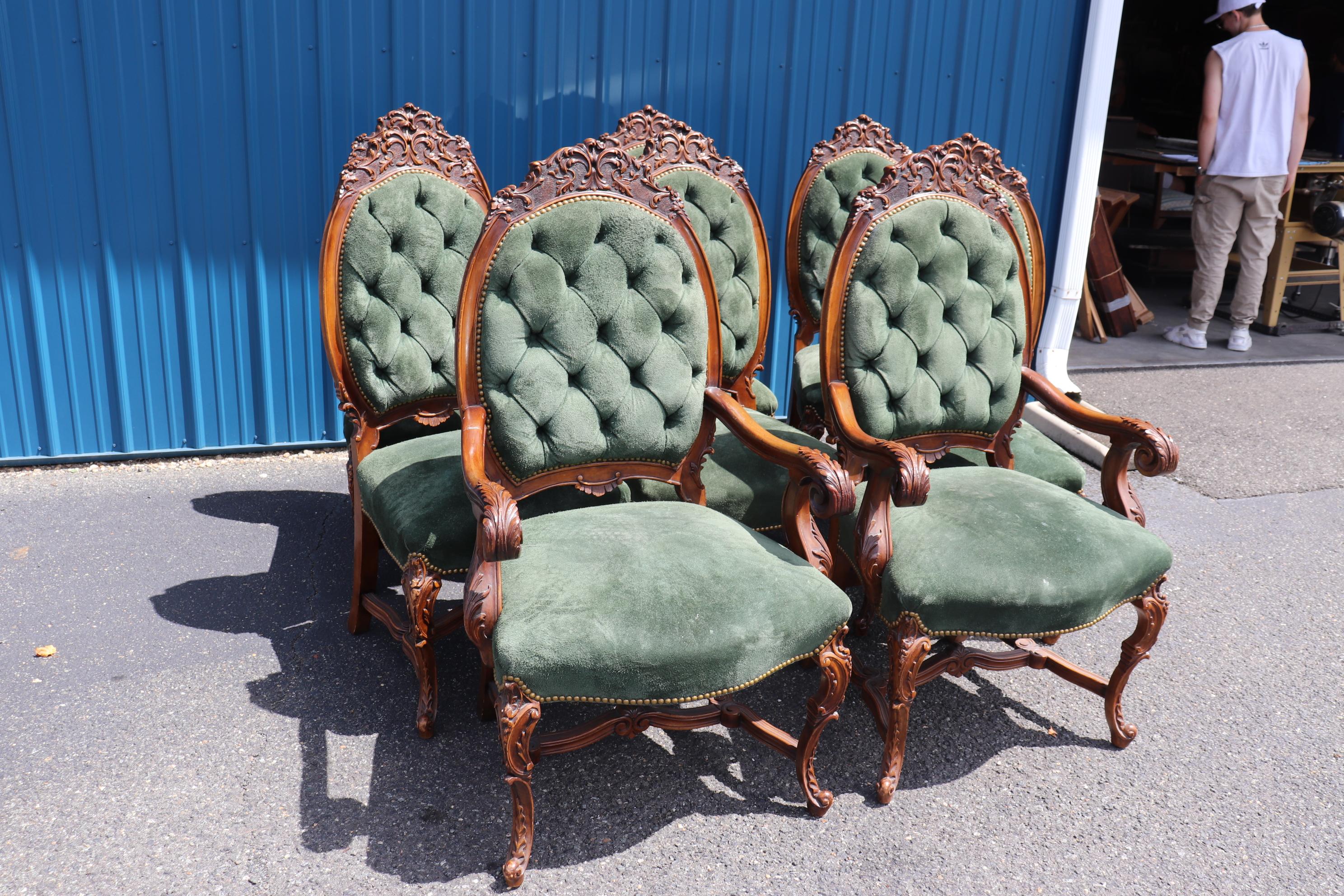 Late Victorian Fine Set 8 Carved Walnut Throne Style Victorian Dining Chairs with Genuine Suede