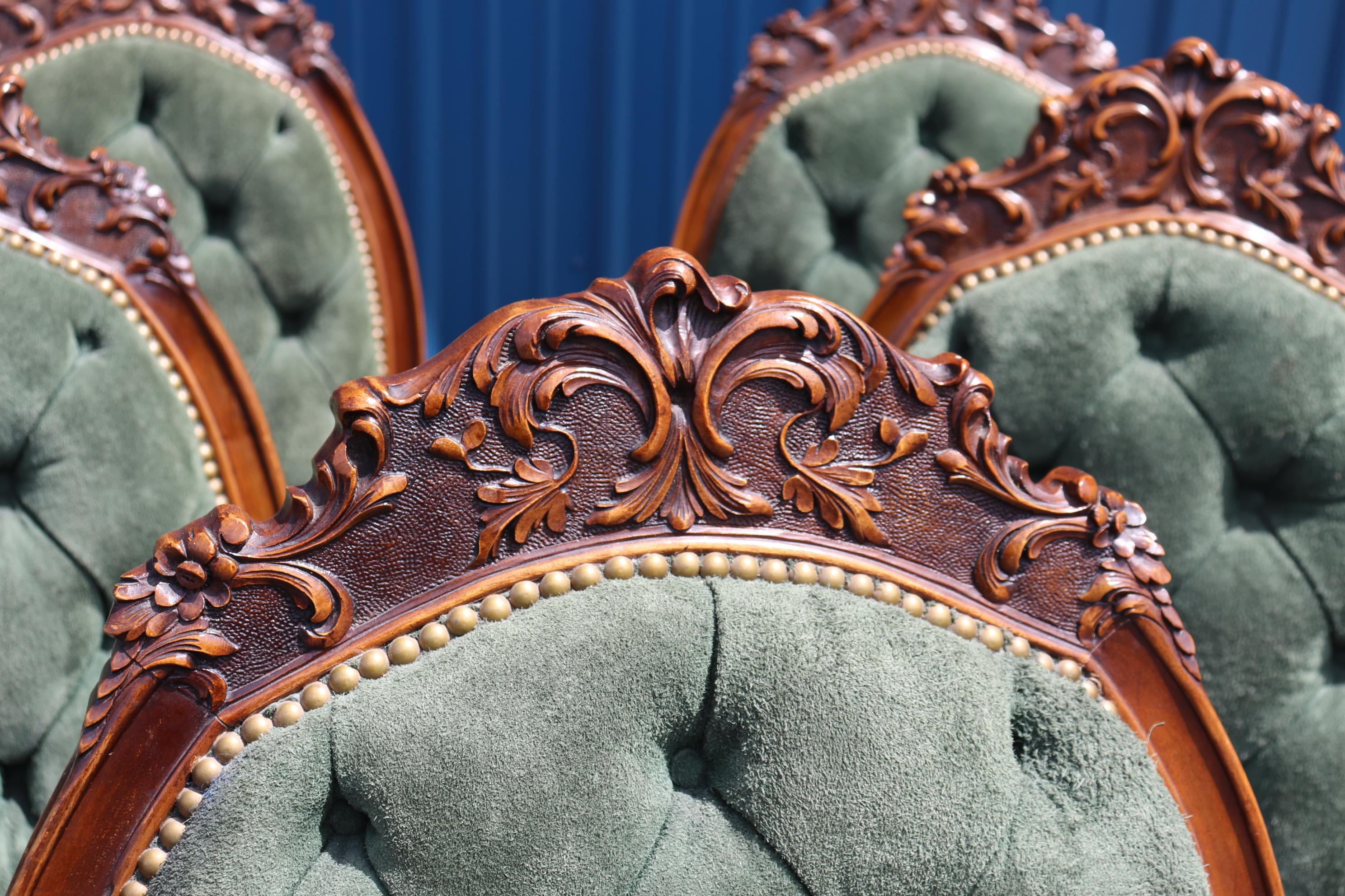 American Fine Set 8 Carved Walnut Throne Style Victorian Dining Chairs with Genuine Suede