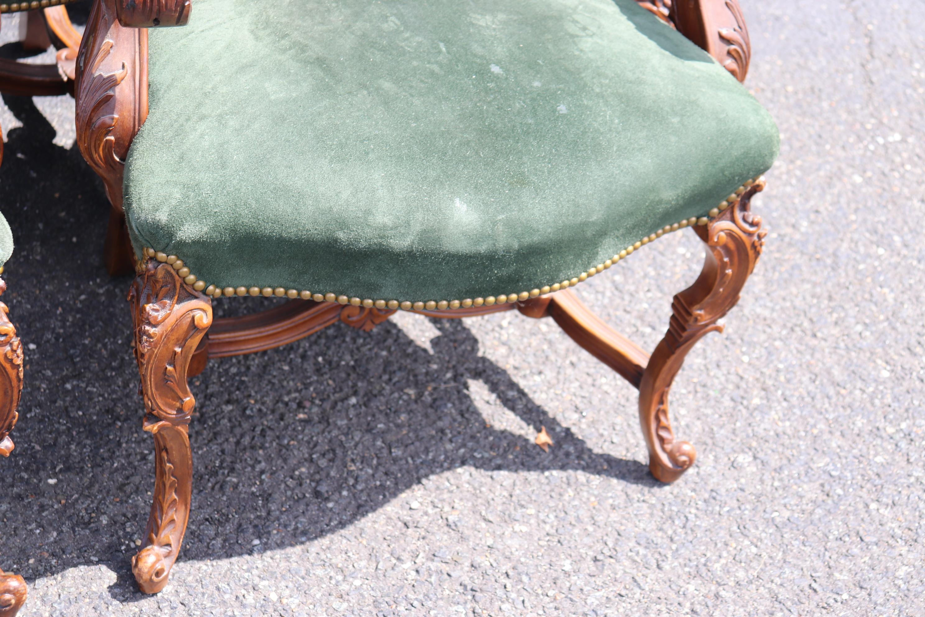 Early 20th Century Fine Set 8 Carved Walnut Throne Style Victorian Dining Chairs with Genuine Suede