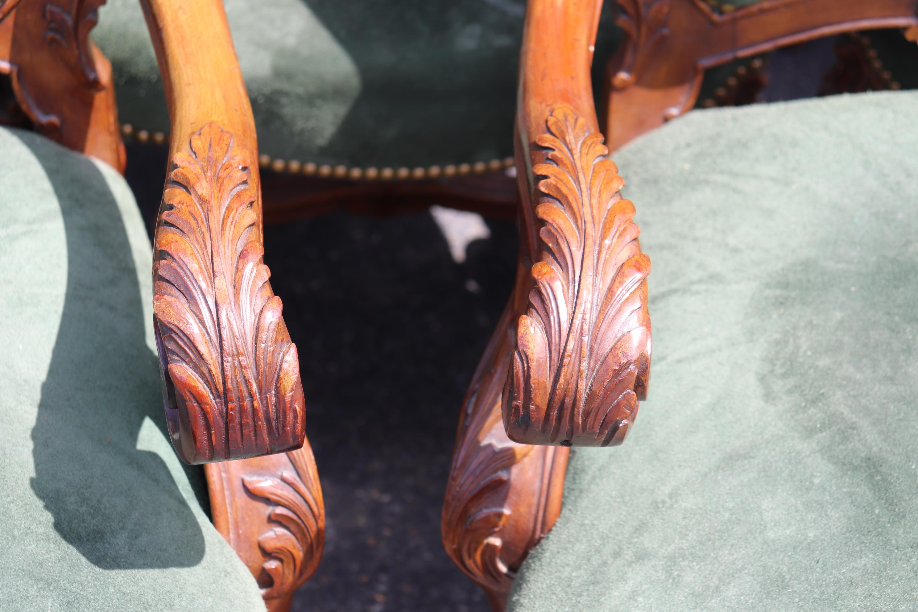 Fine Set 8 Carved Walnut Throne Style Victorian Dining Chairs with Genuine Suede 1