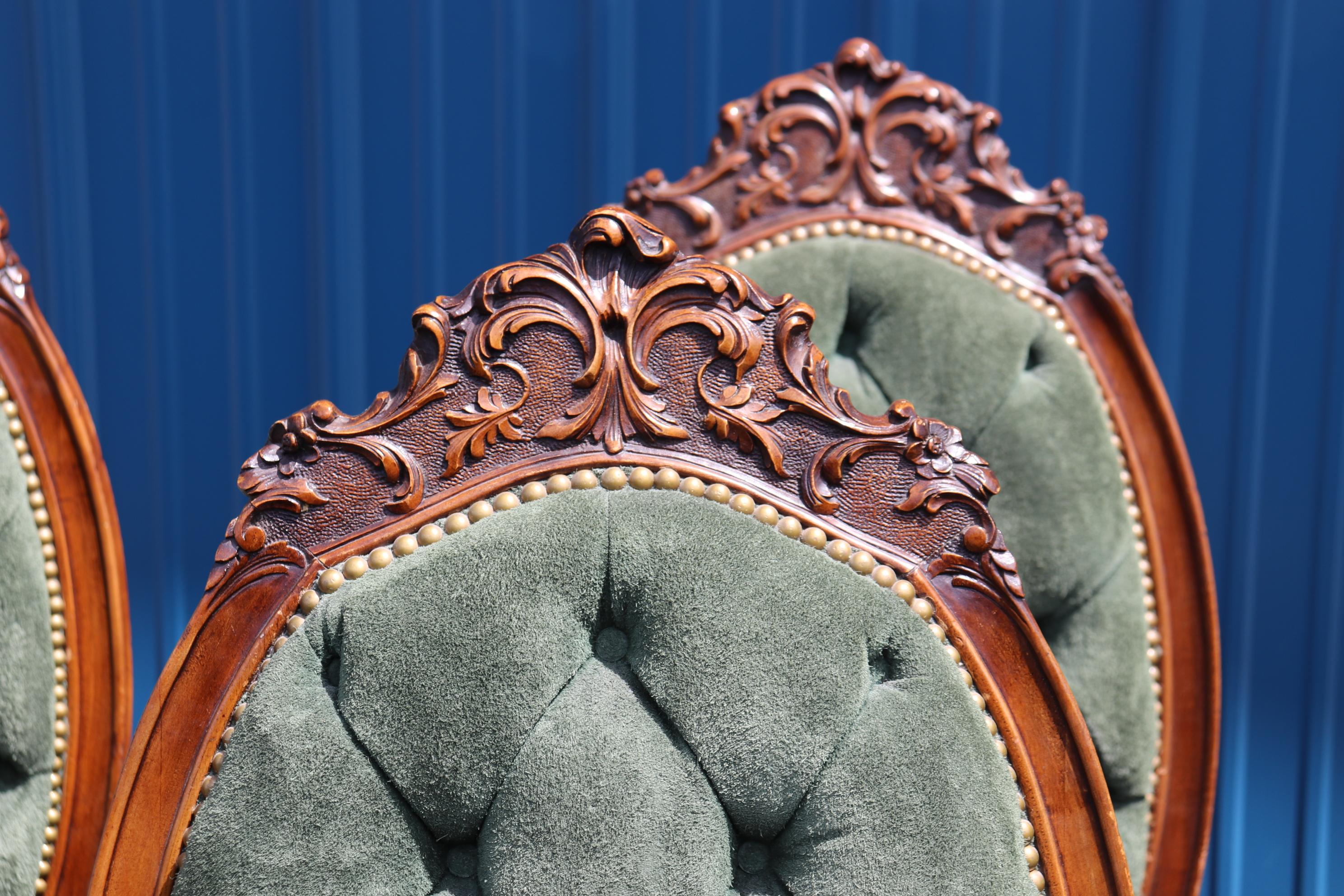 Fine Set 8 Carved Walnut Throne Style Victorian Dining Chairs with Genuine Suede 2
