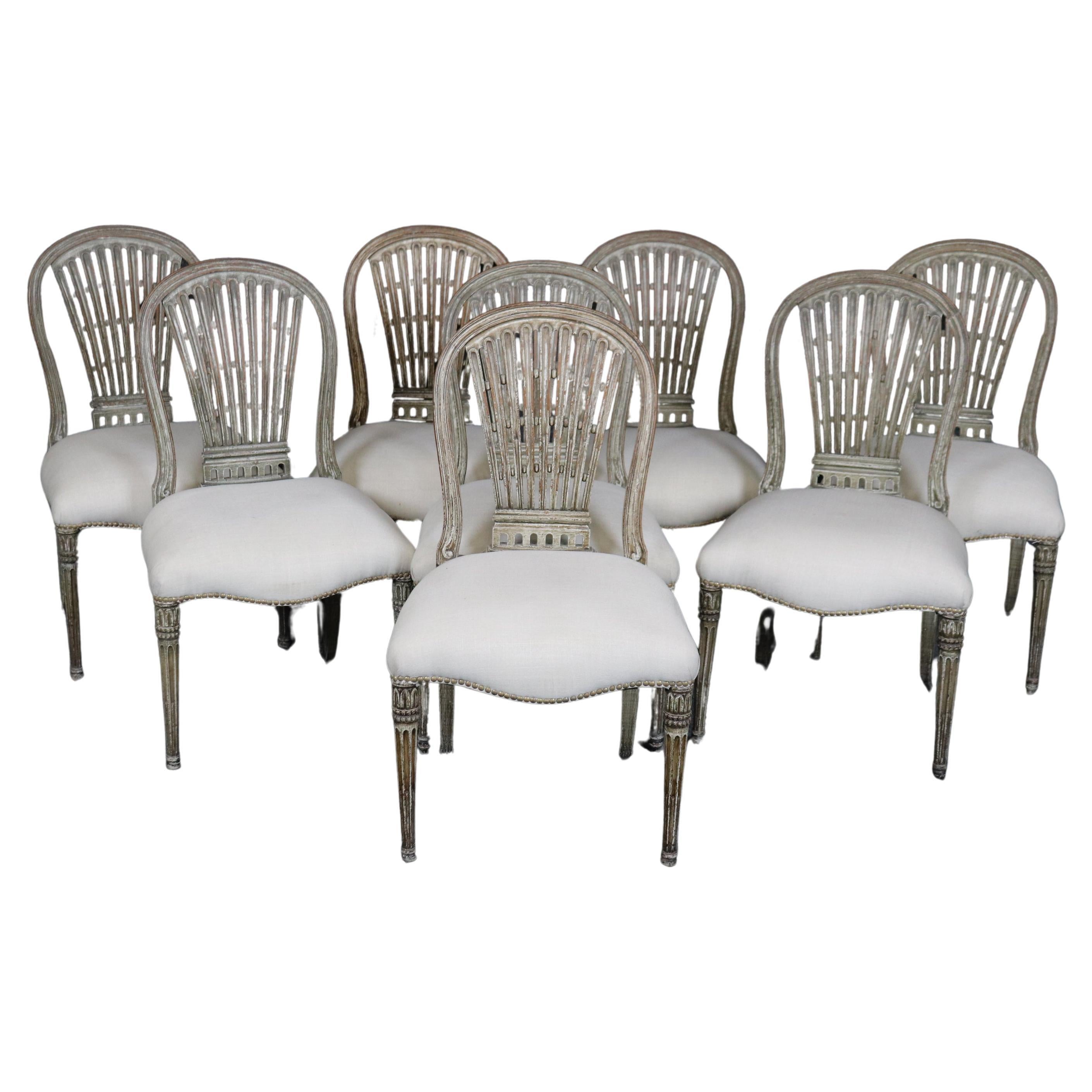 Fine Set 8 Maison Jansen Distressed Paint Decorated Balloon Back Dining Chairs For Sale