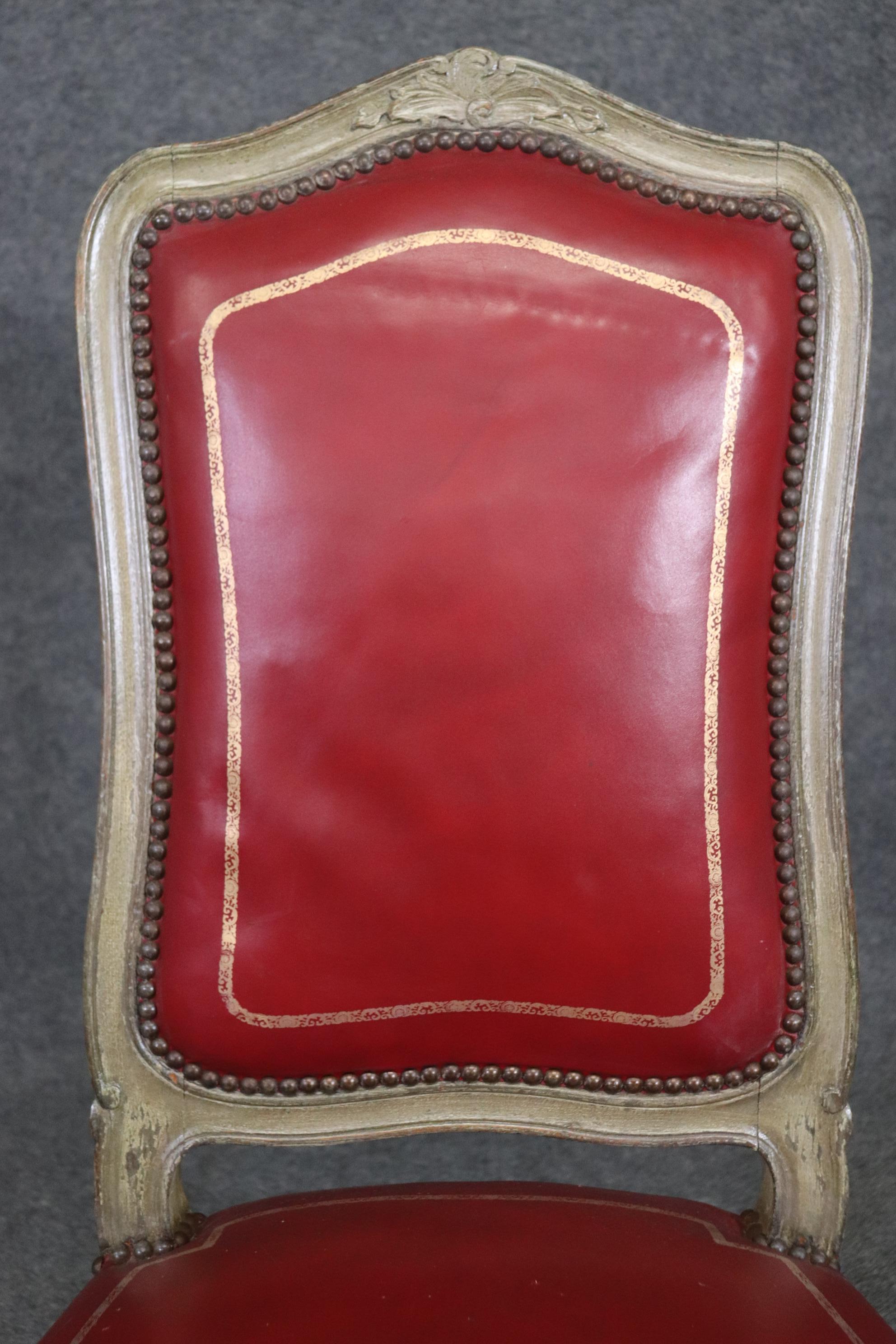 Fine Set 8 Red Leather Gold Embossed Tall French Louis XV Painted Dining Chairs For Sale 3