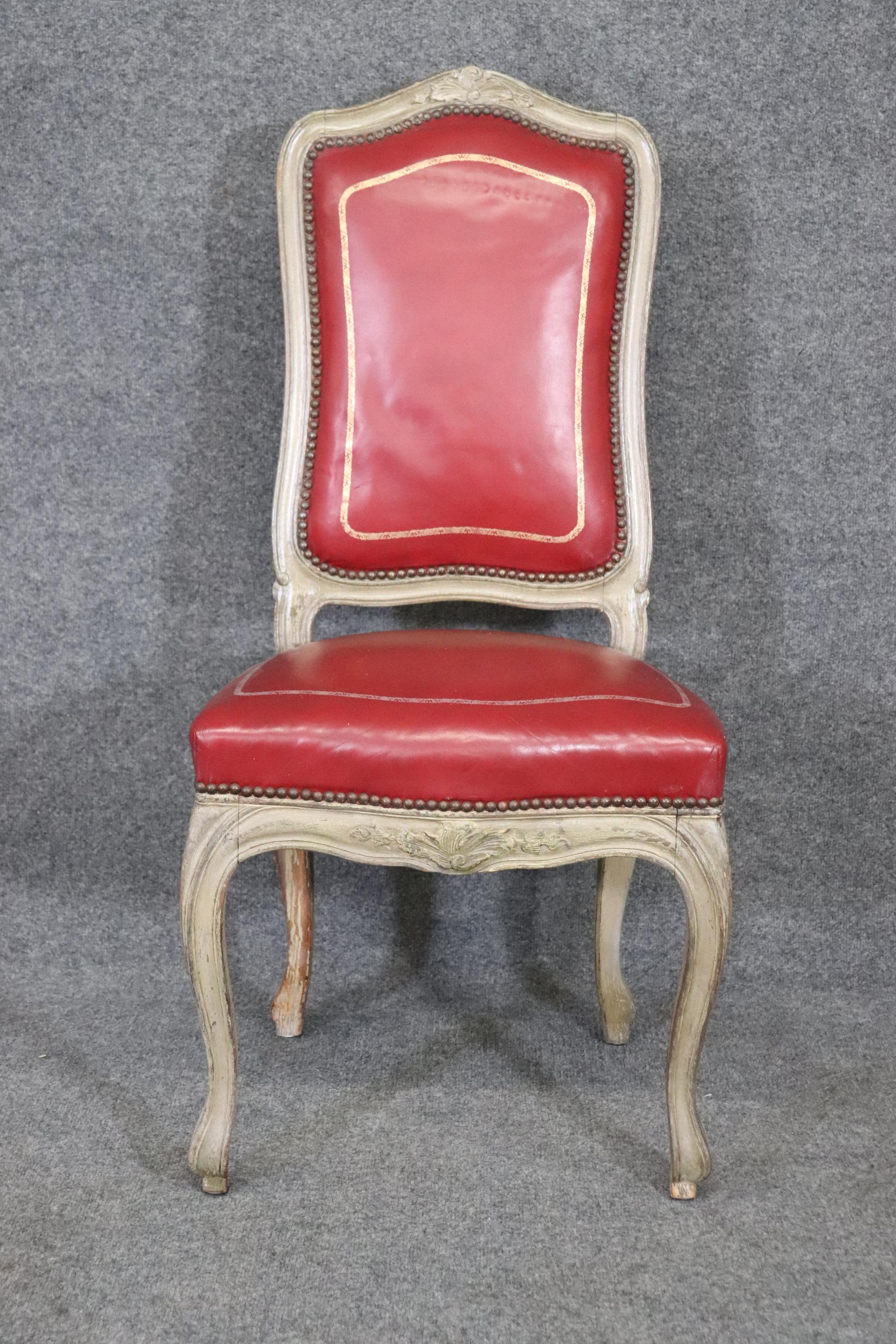 Fine Set 8 Red Leather Gold Embossed Tall French Louis XV Painted Dining Chairs In Good Condition For Sale In Swedesboro, NJ