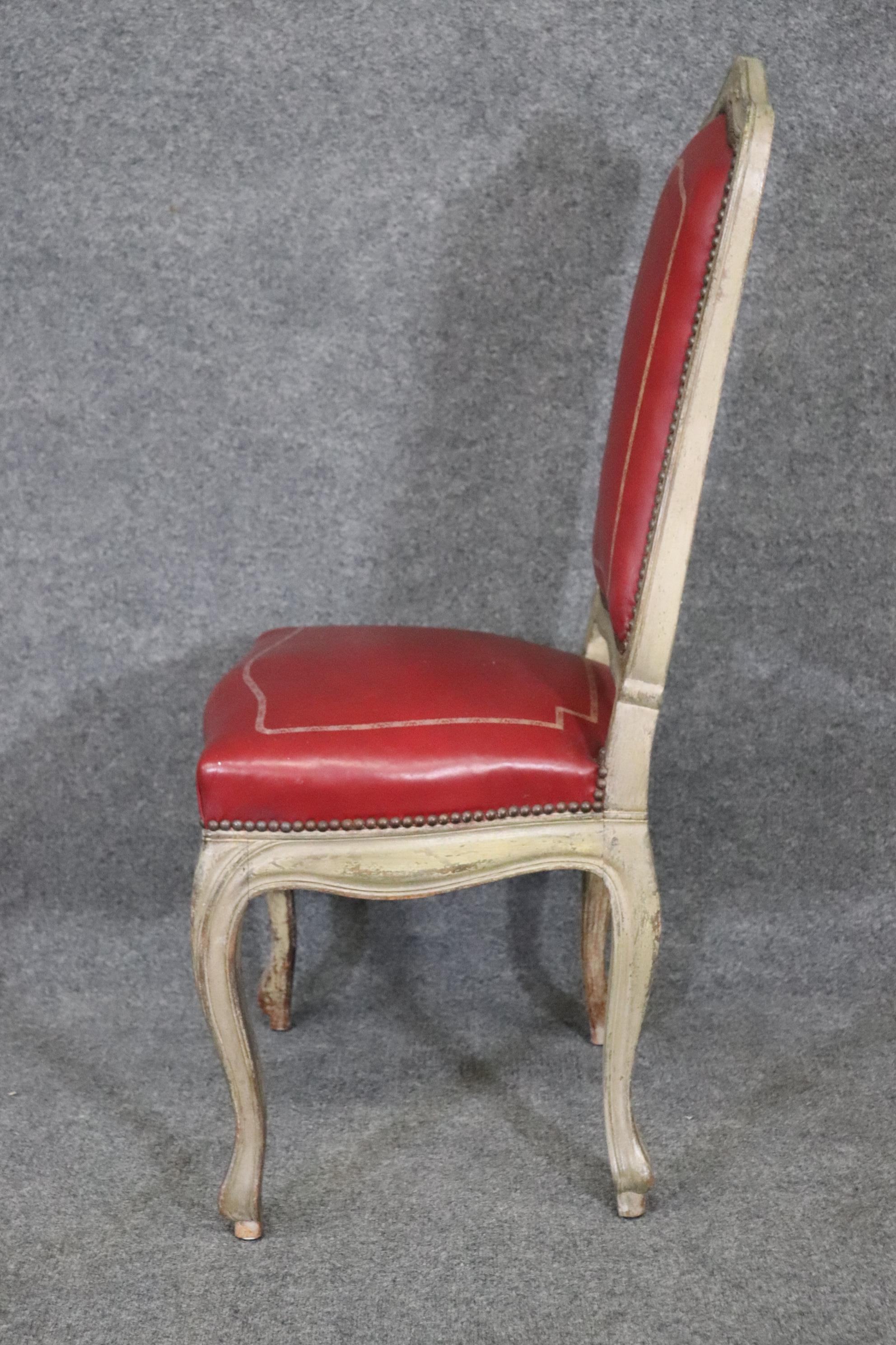 Fine Set 8 Red Leather Gold Embossed Tall French Louis XV Painted Dining Chairs In Good Condition In Swedesboro, NJ