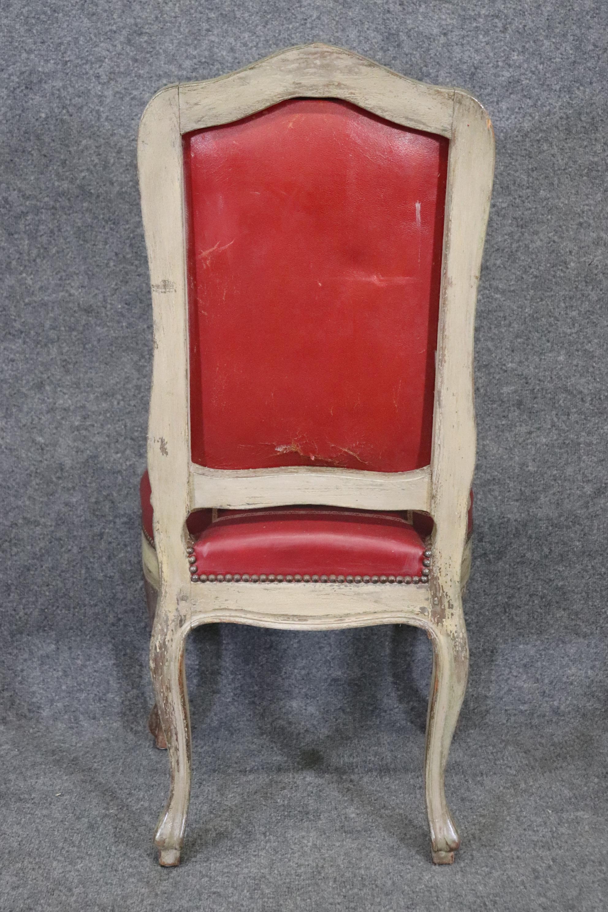 Mid-20th Century Fine Set 8 Red Leather Gold Embossed Tall French Louis XV Painted Dining Chairs For Sale