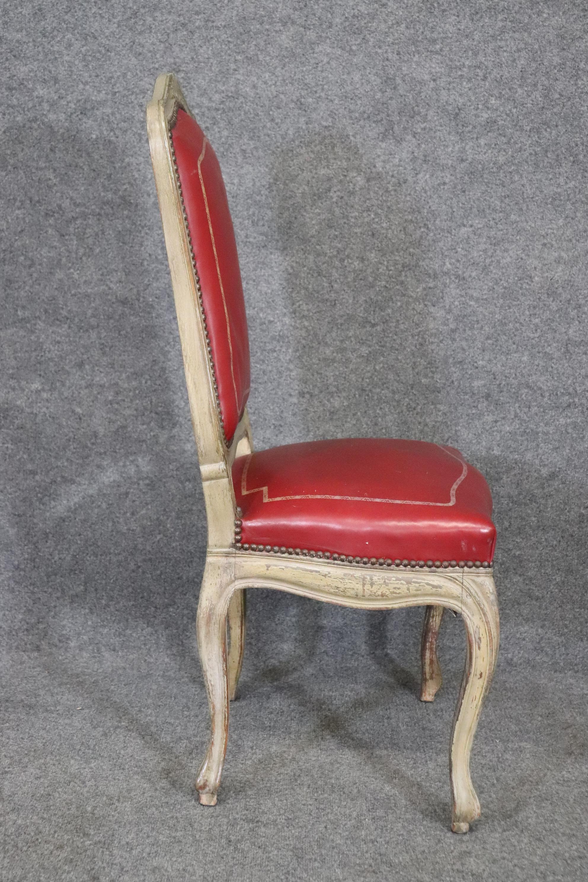 Fine Set 8 Red Leather Gold Embossed Tall French Louis XV Painted Dining Chairs For Sale 1