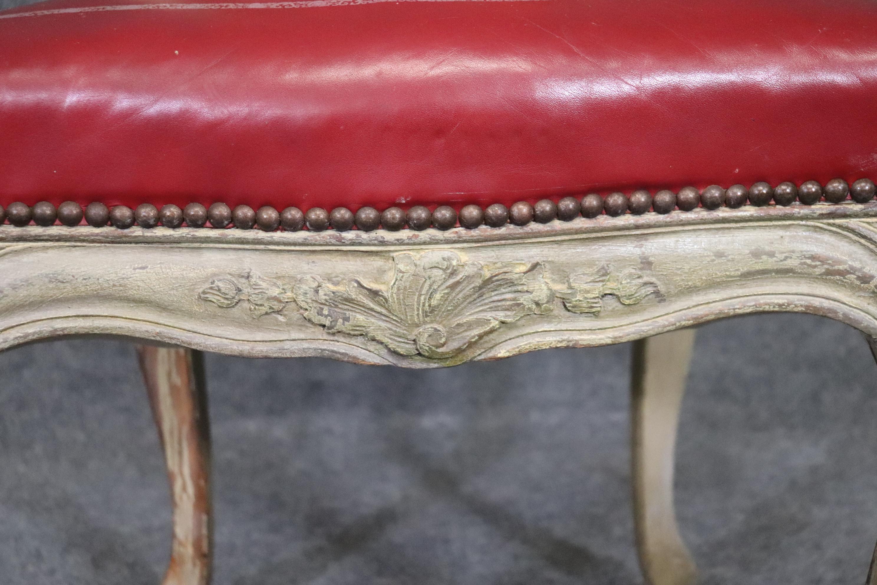 Fine Set 8 Red Leather Gold Embossed Tall French Louis XV Painted Dining Chairs For Sale 2