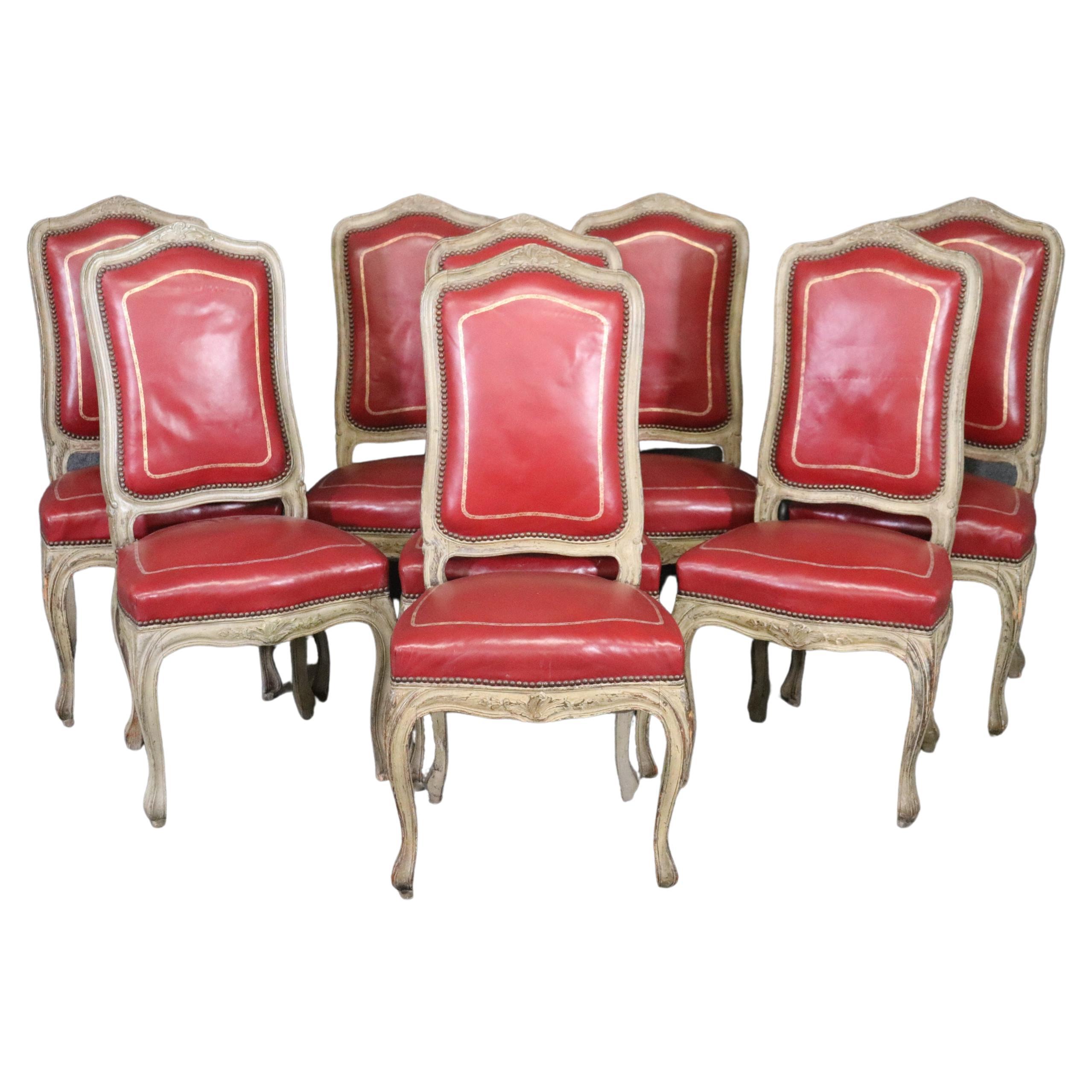 Fine Set 8 Red Leather Gold Embossed Tall French Louis XV Painted Dining Chairs For Sale