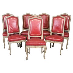 Fine Set 8 Red Leather Gold Embossed Tall French Louis XV Painted Dining Chairs