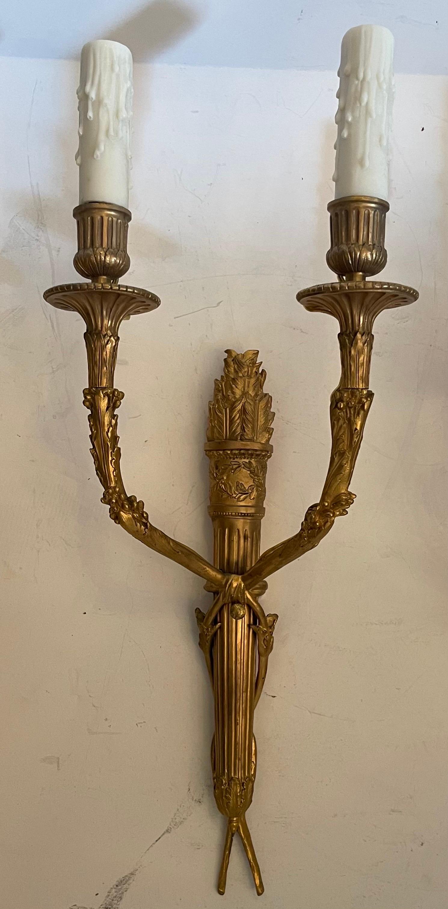 Gilt Fine Set Four French Dore Bronze Regency Neoclassical Empire Torchiere Sconces For Sale