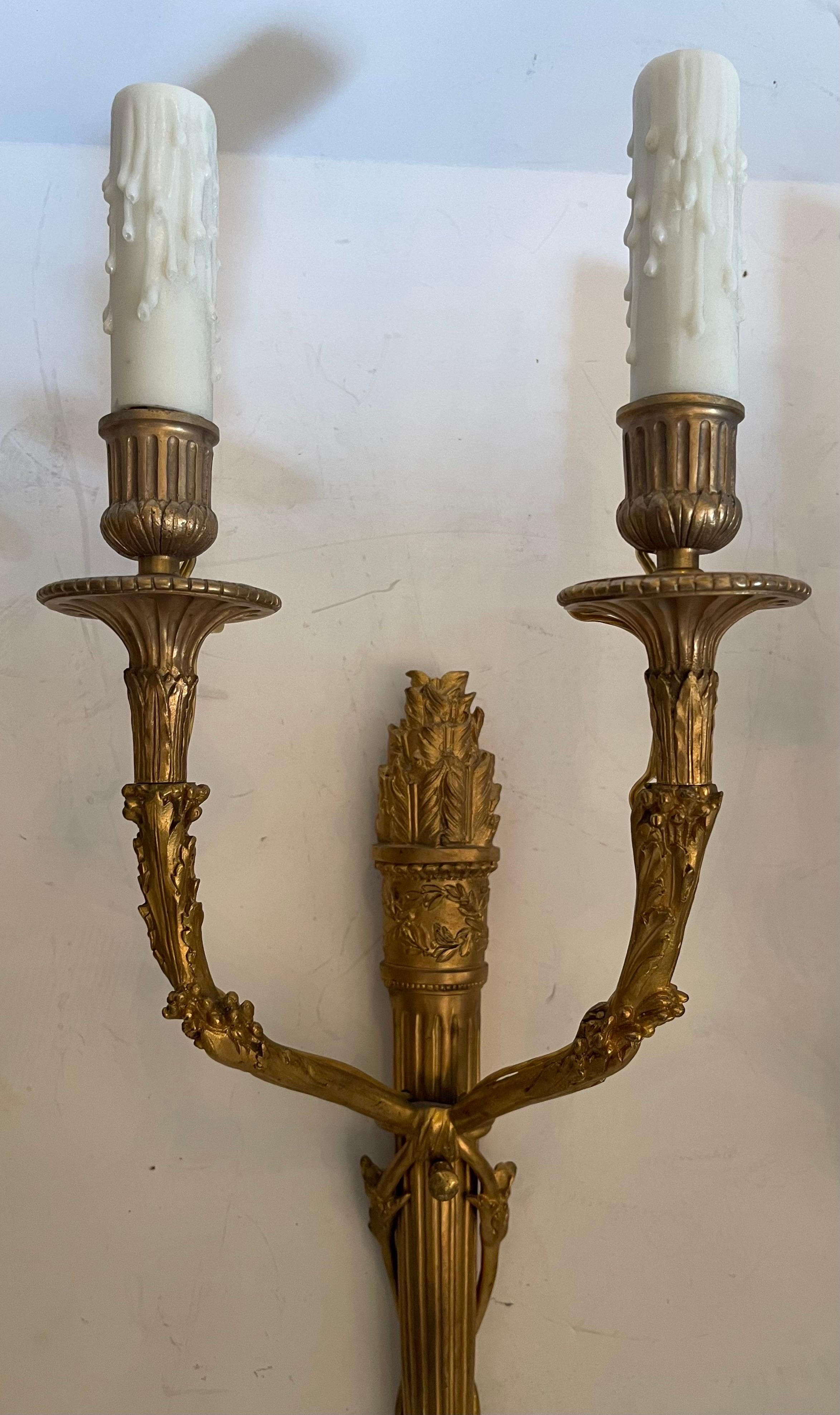 Fine Set Four French Dore Bronze Regency Neoclassical Empire Torchiere Sconces In Good Condition For Sale In Roslyn, NY