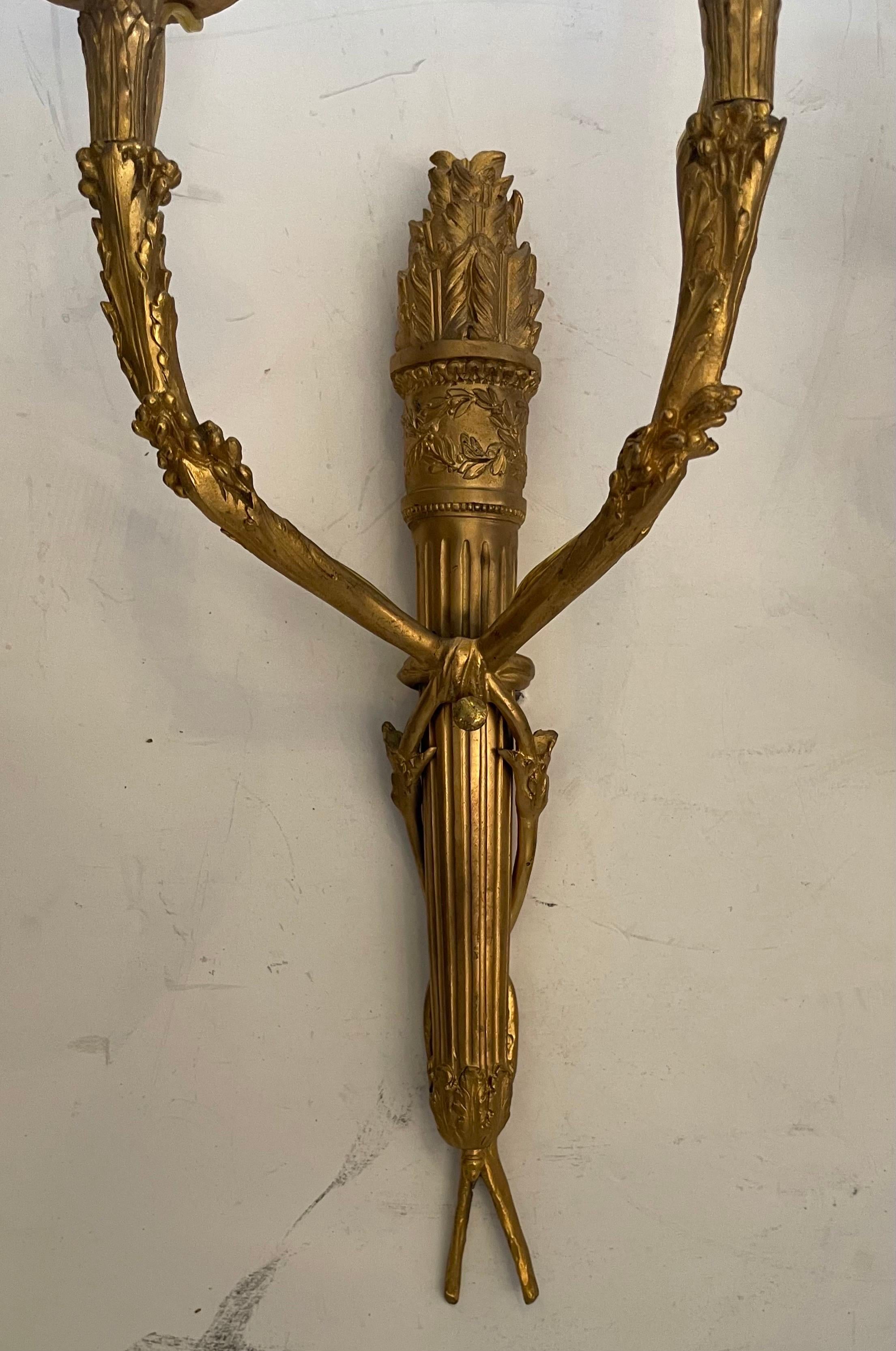 20th Century Fine Set Four French Dore Bronze Regency Neoclassical Empire Torchiere Sconces For Sale