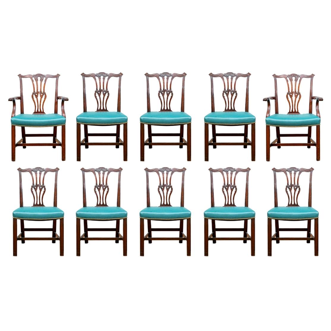 Fine Set of 10 Carved Chippendale Style Dining Chairs