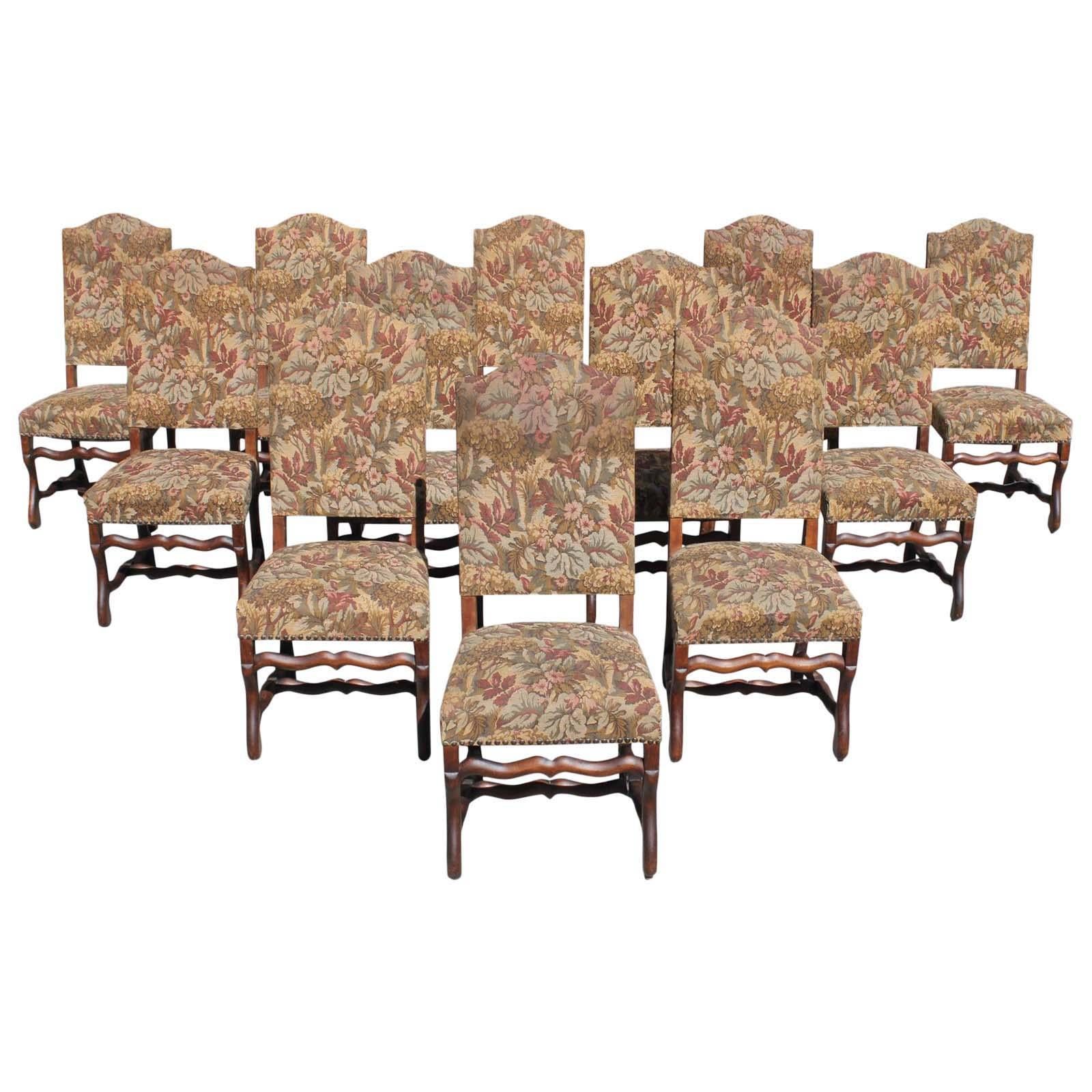 Fine Set of 12 French Louis XIII Style Os De Mouton Dining Chairs, 1900s