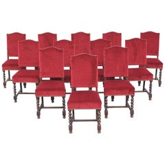 Fine Set of 12 Louis XIII Style Barley Twist Solid Walnut Dining Chairs, 1880s