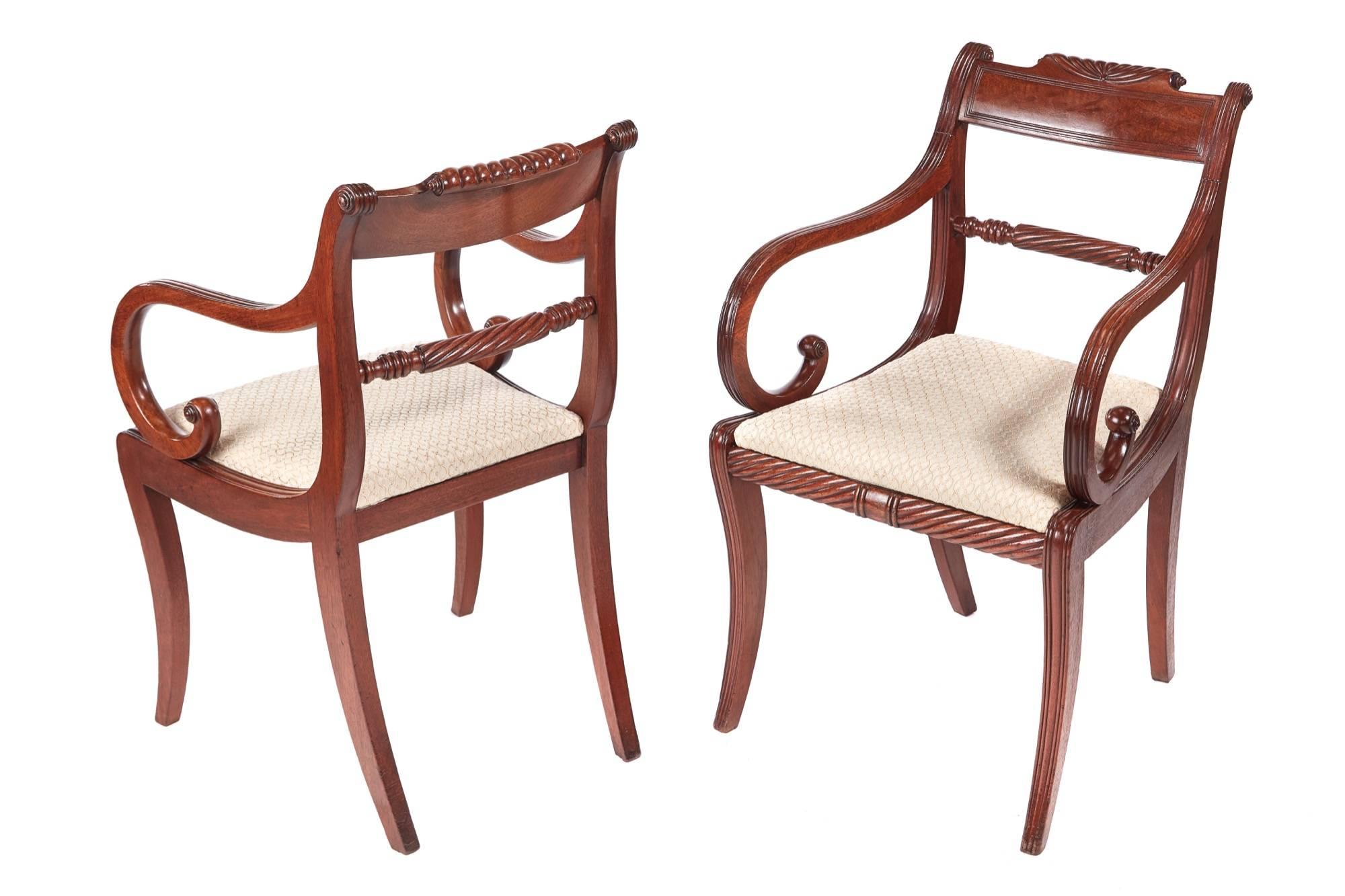 Fine set of six antique regency mahogany dining chairs, consist of two carver chairs and four single chairs with a shaped carved and reeded top rail, lovely rope twist centre rail, the carver chairs having lovely shaped scroll arms, newly recovered